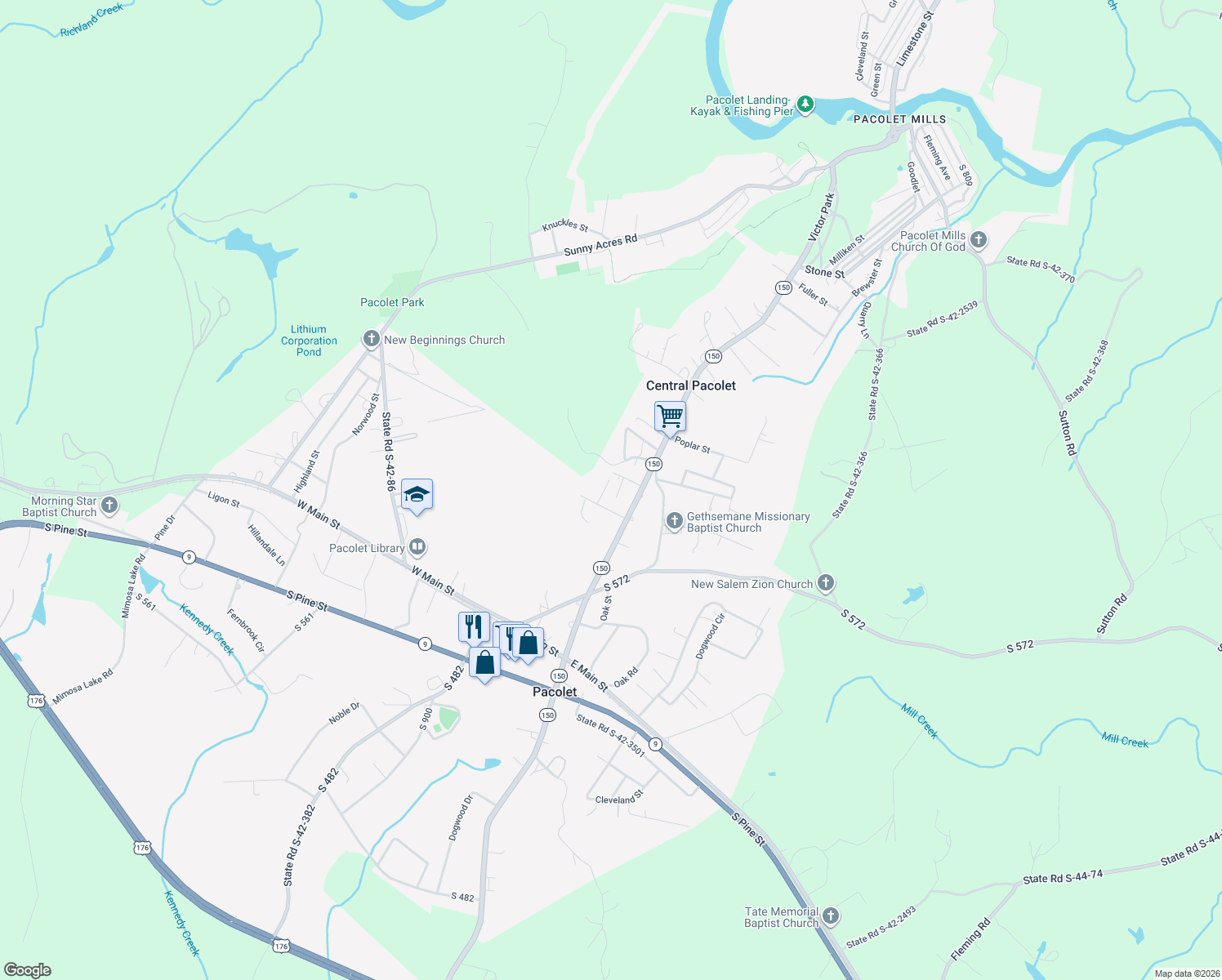 map of restaurants, bars, coffee shops, grocery stores, and more near 161 Walnut Street in Pacolet