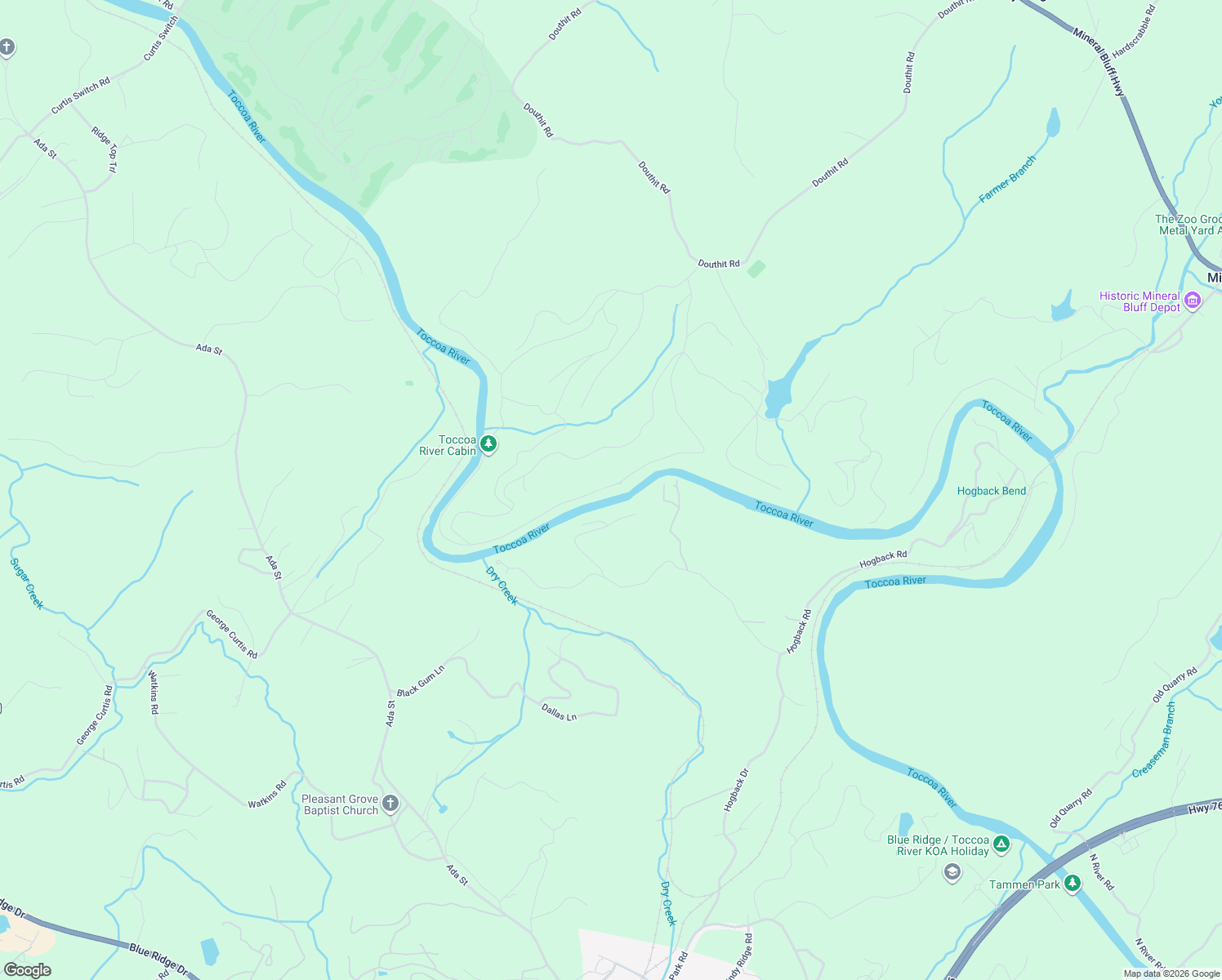 map of restaurants, bars, coffee shops, grocery stores, and more near 618 Toccoa River Lane in Mineral Bluff
