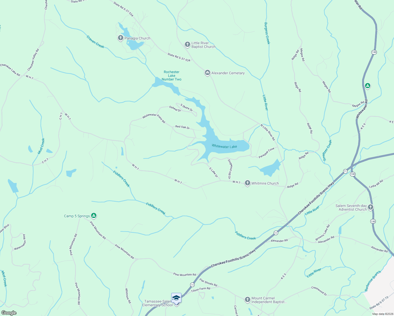 map of restaurants, bars, coffee shops, grocery stores, and more near 310 Whitewater Lake Road in Tamassee