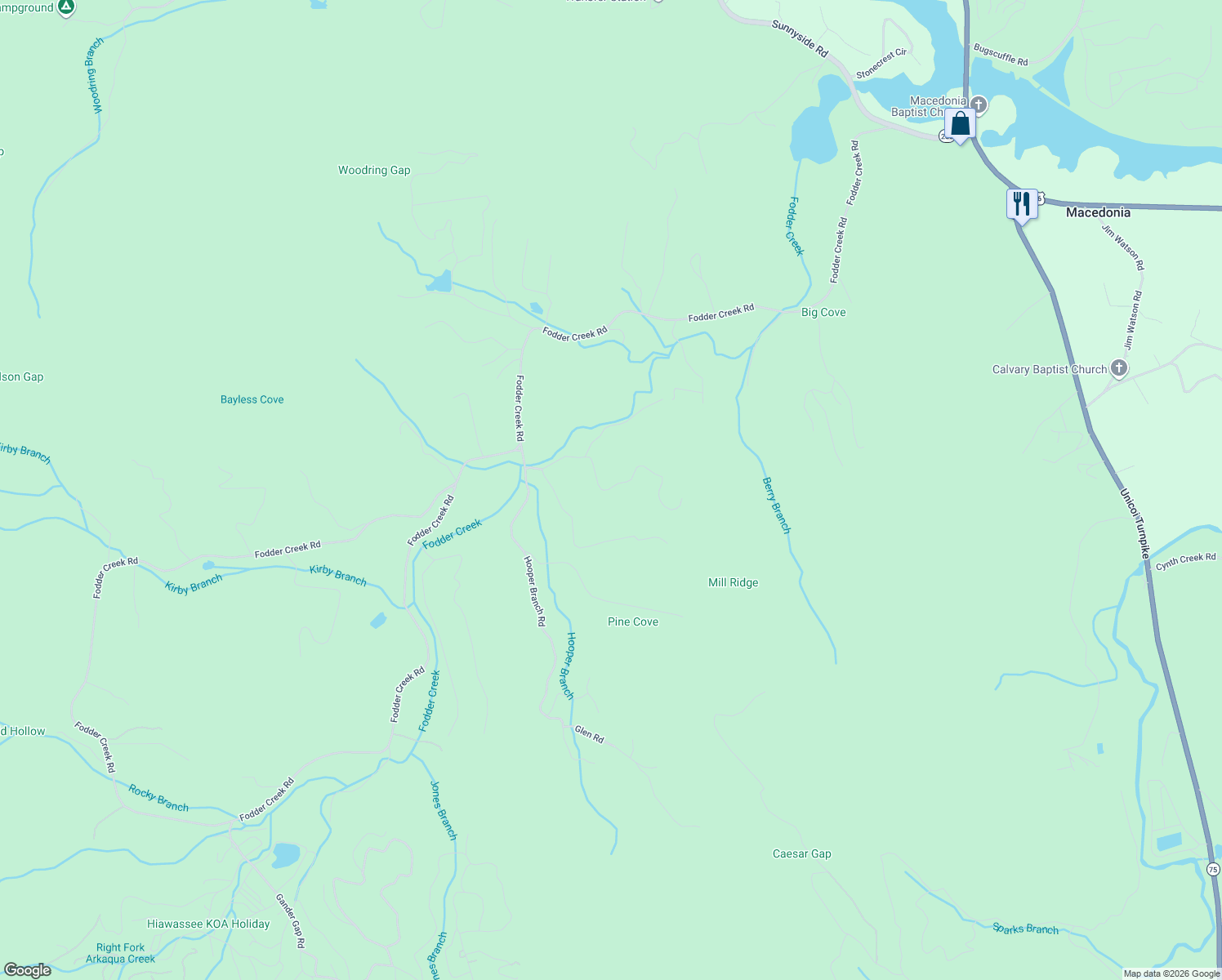 map of restaurants, bars, coffee shops, grocery stores, and more near 607 Mill Ridge Road in Hiawassee
