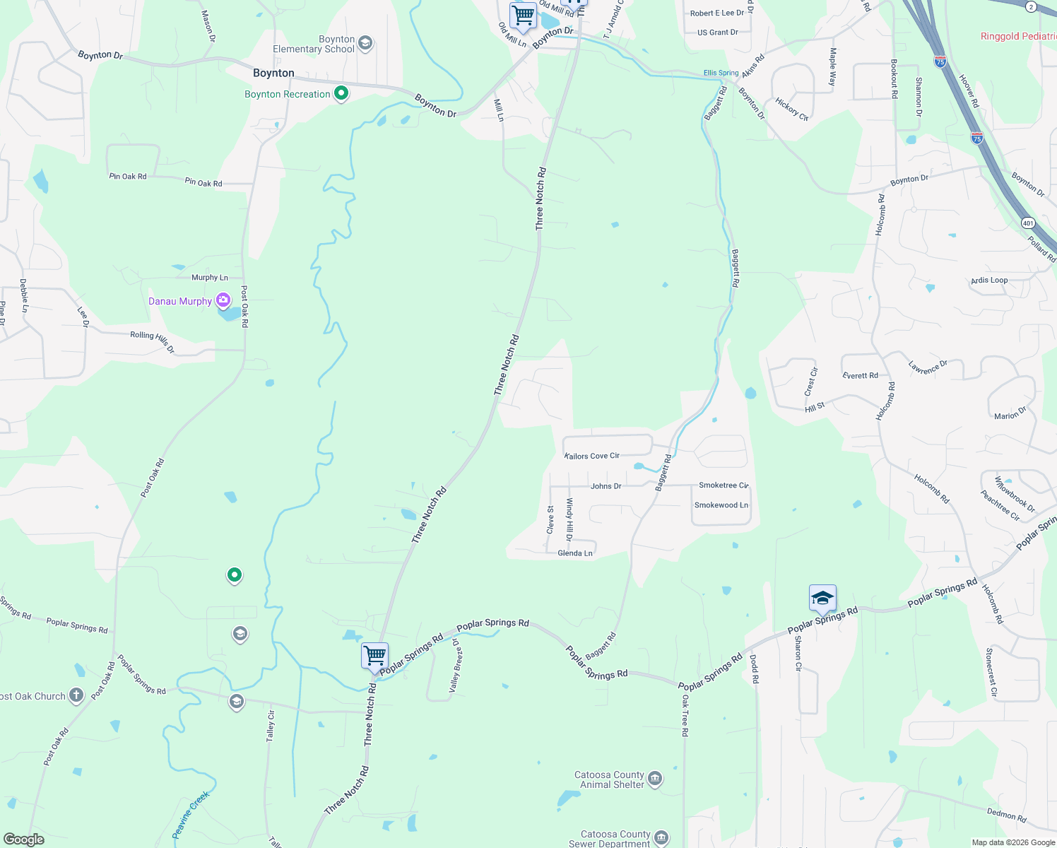 map of restaurants, bars, coffee shops, grocery stores, and more near 62 Buster Ridge Lane in Ringgold