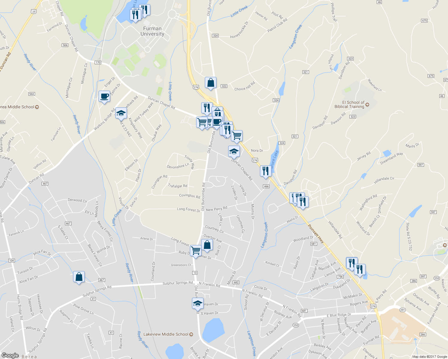 map of restaurants, bars, coffee shops, grocery stores, and more near 219 Redspire Drive in Greenville