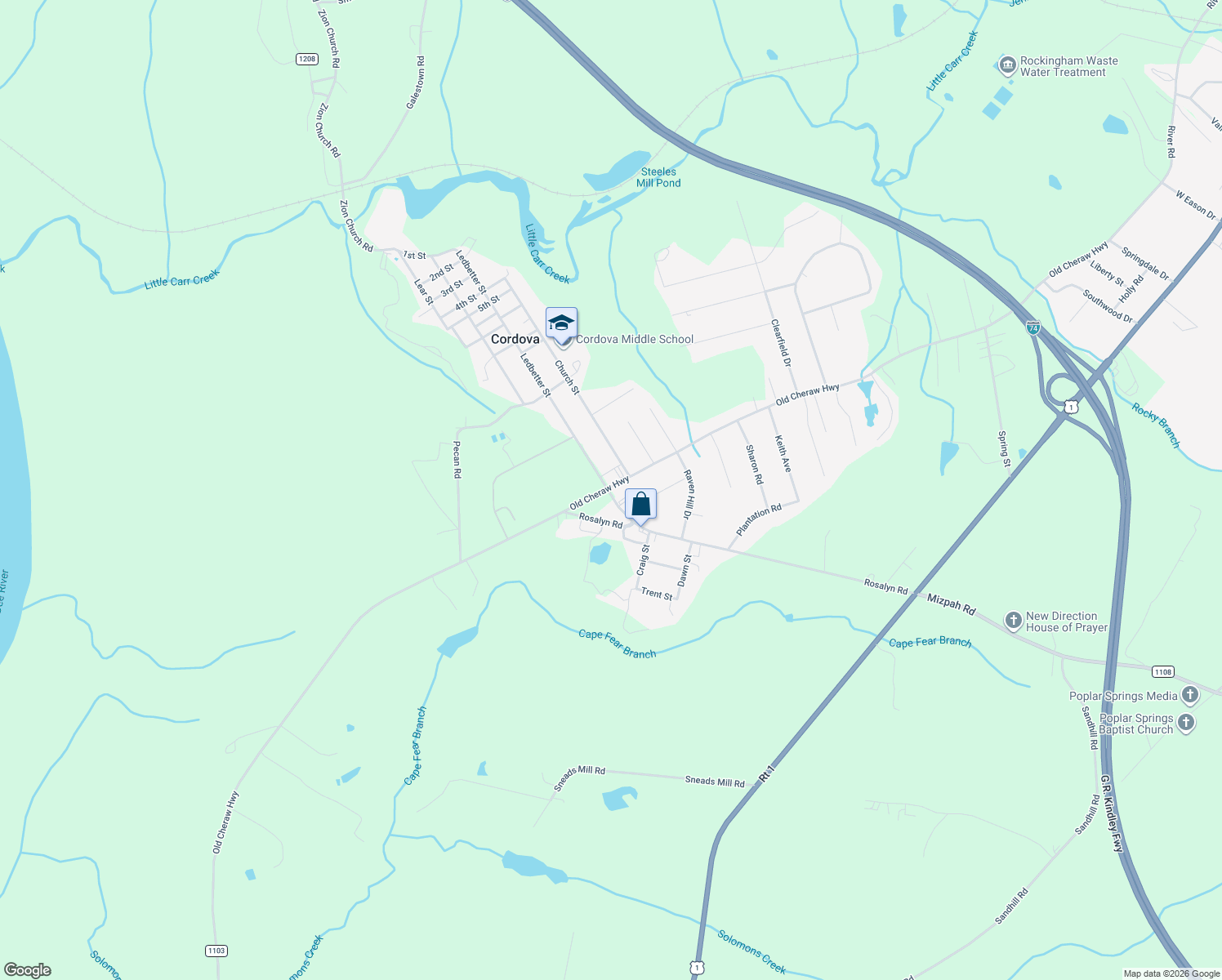 map of restaurants, bars, coffee shops, grocery stores, and more near 571 Old Cheraw Hwy in Rockingham