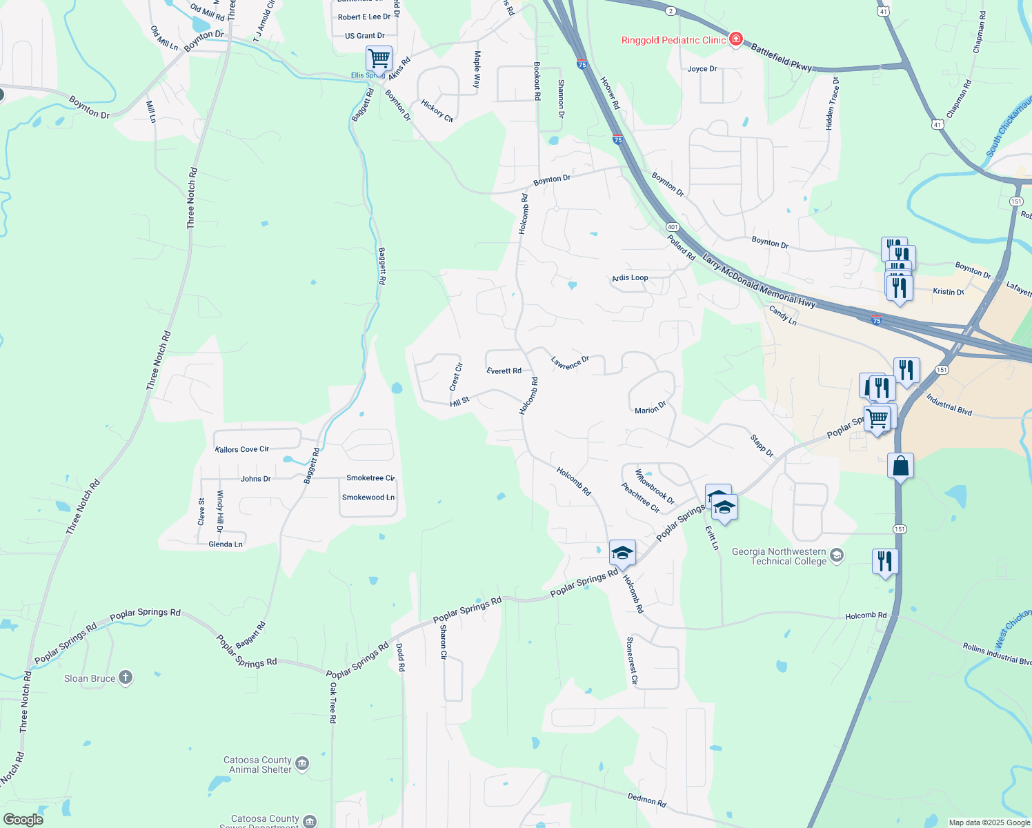 map of restaurants, bars, coffee shops, grocery stores, and more near 852 Holcomb Road in Ringgold