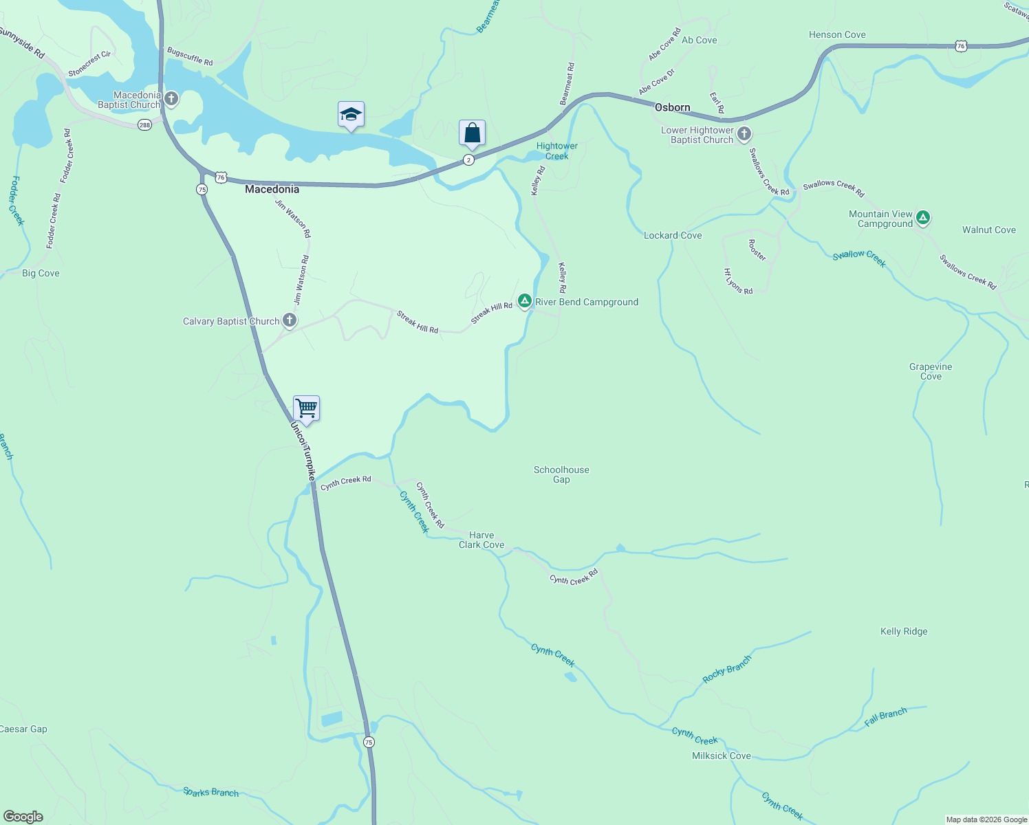 map of restaurants, bars, coffee shops, grocery stores, and more near Kelley Lane in Hiawassee