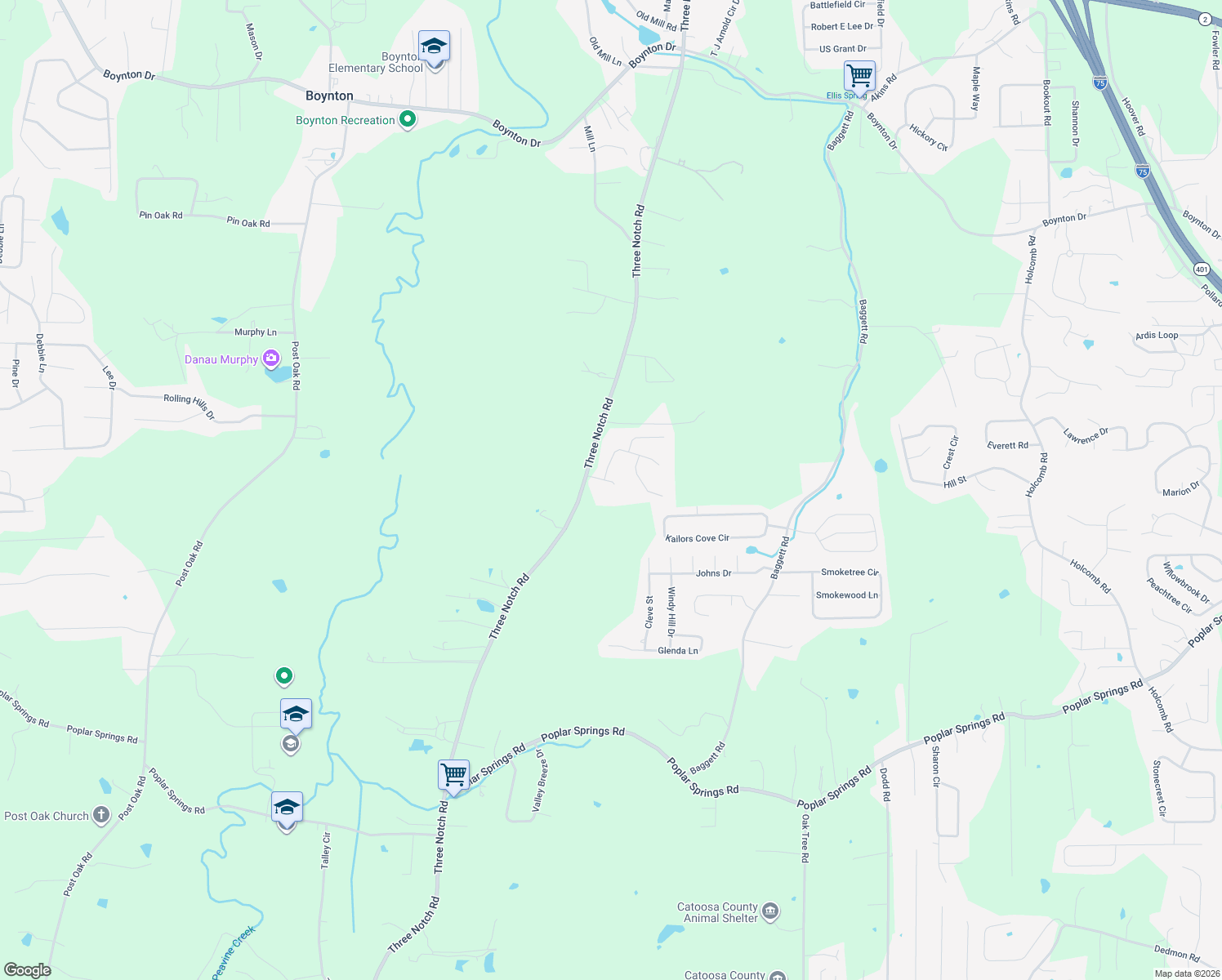 map of restaurants, bars, coffee shops, grocery stores, and more near 62 Buster Ridge Lane in Ringgold