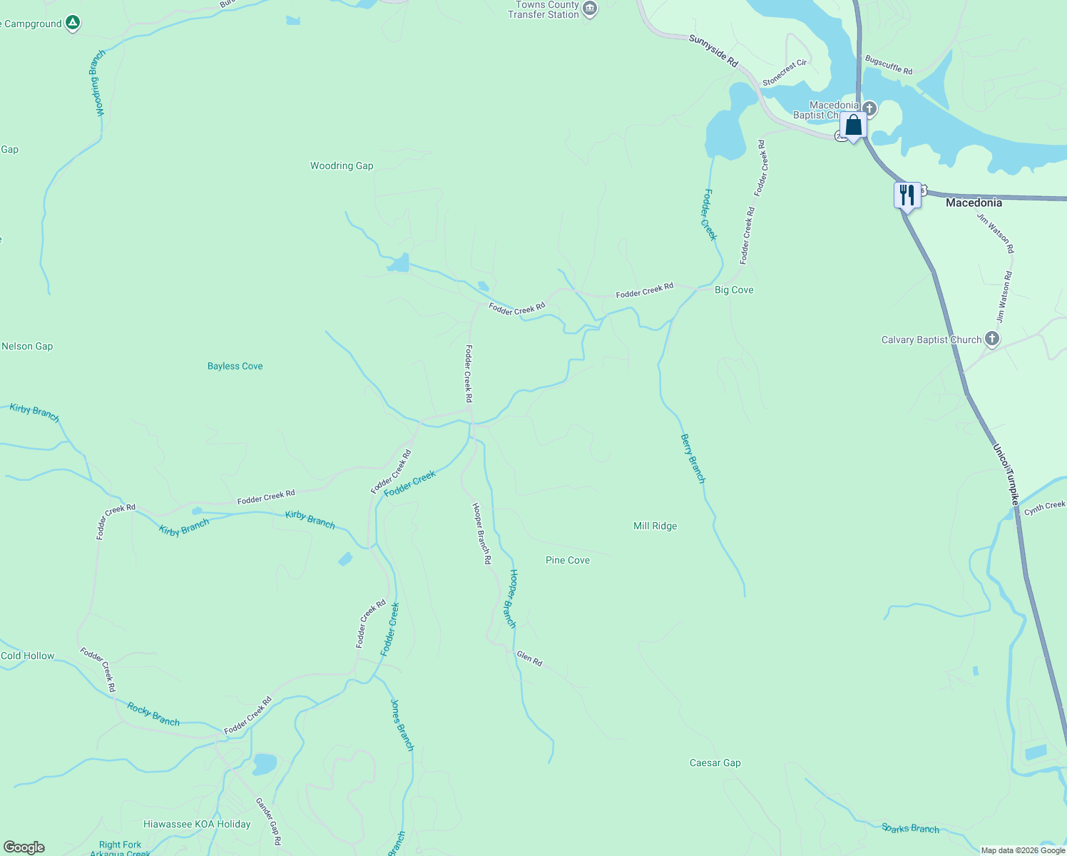 map of restaurants, bars, coffee shops, grocery stores, and more near 607 Mill Ridge Road in Hiawassee