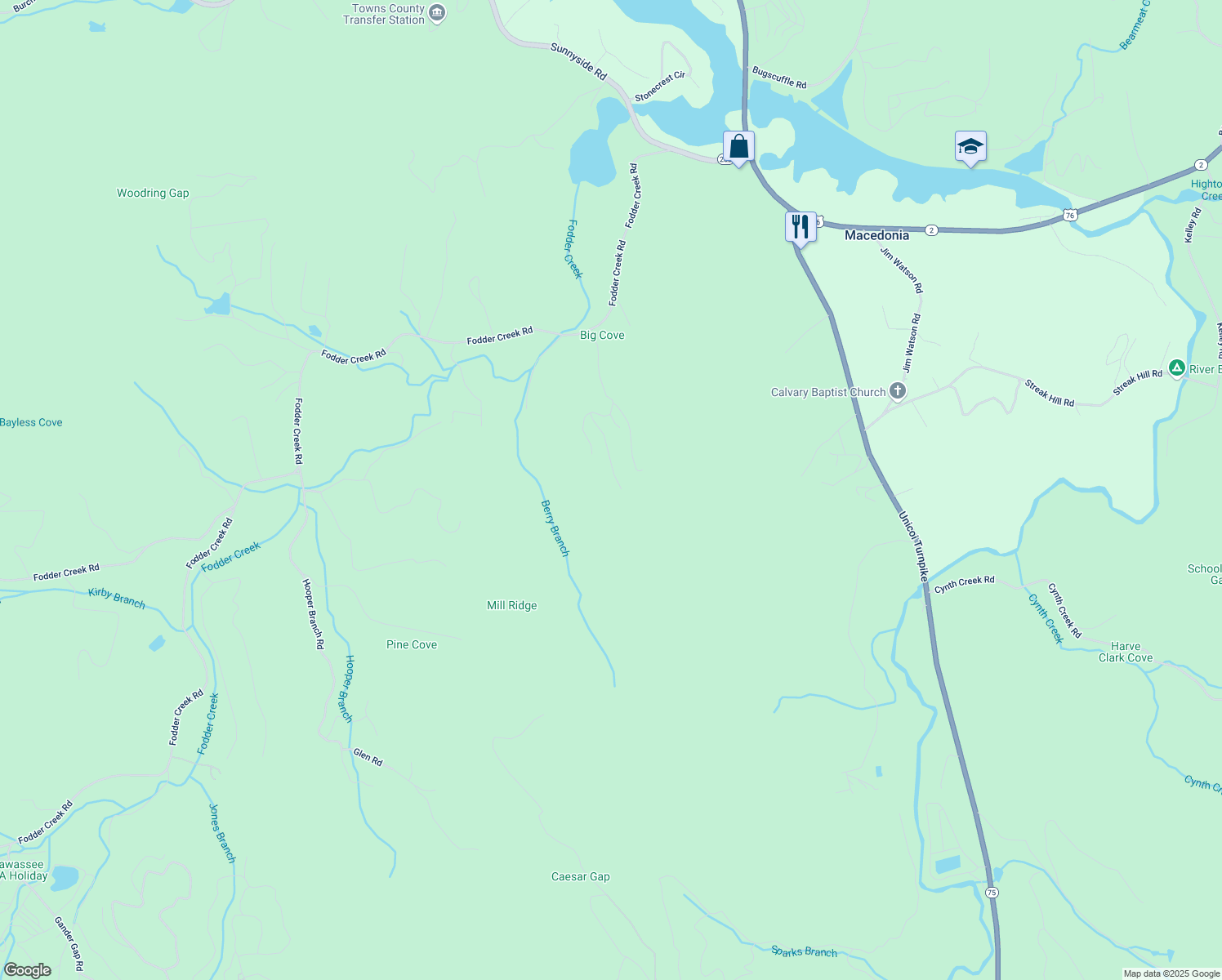 map of restaurants, bars, coffee shops, grocery stores, and more near 2412 Fodder Creek Road in Hiawassee