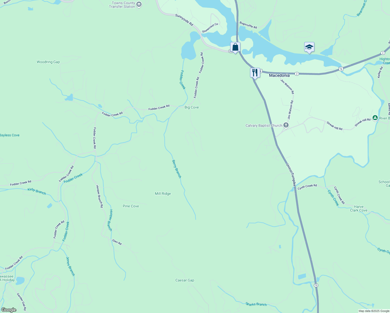 map of restaurants, bars, coffee shops, grocery stores, and more near 2412 Fodder Creek Road in Hiawassee