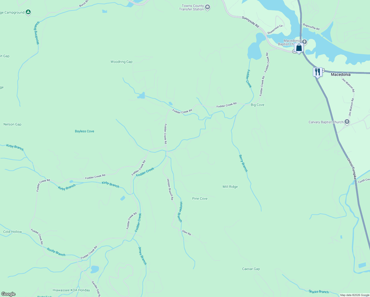 map of restaurants, bars, coffee shops, grocery stores, and more near 325 Nicholson Trail in Hiawassee