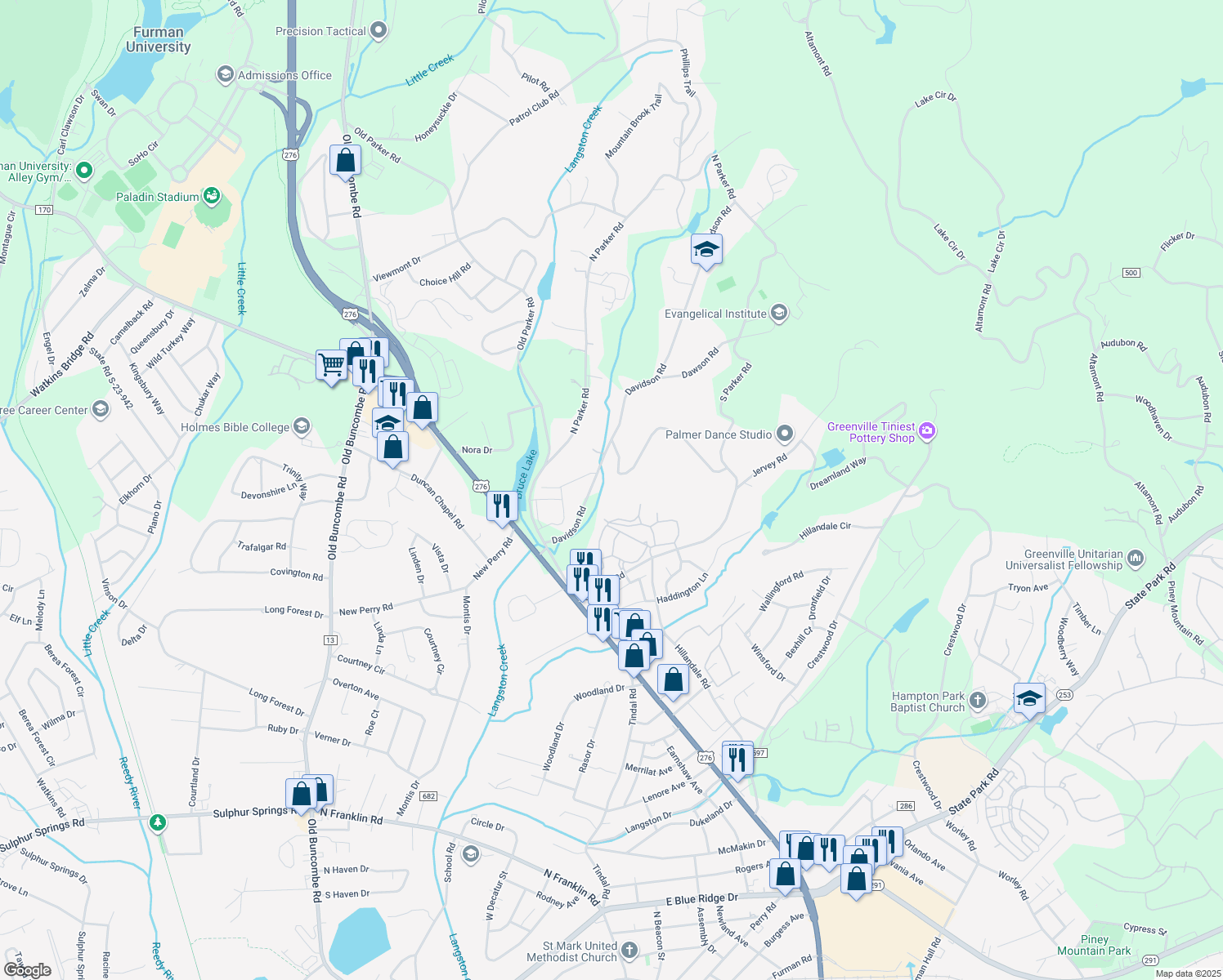 map of restaurants, bars, coffee shops, grocery stores, and more near 41 State Road S-23-608 in Greenville