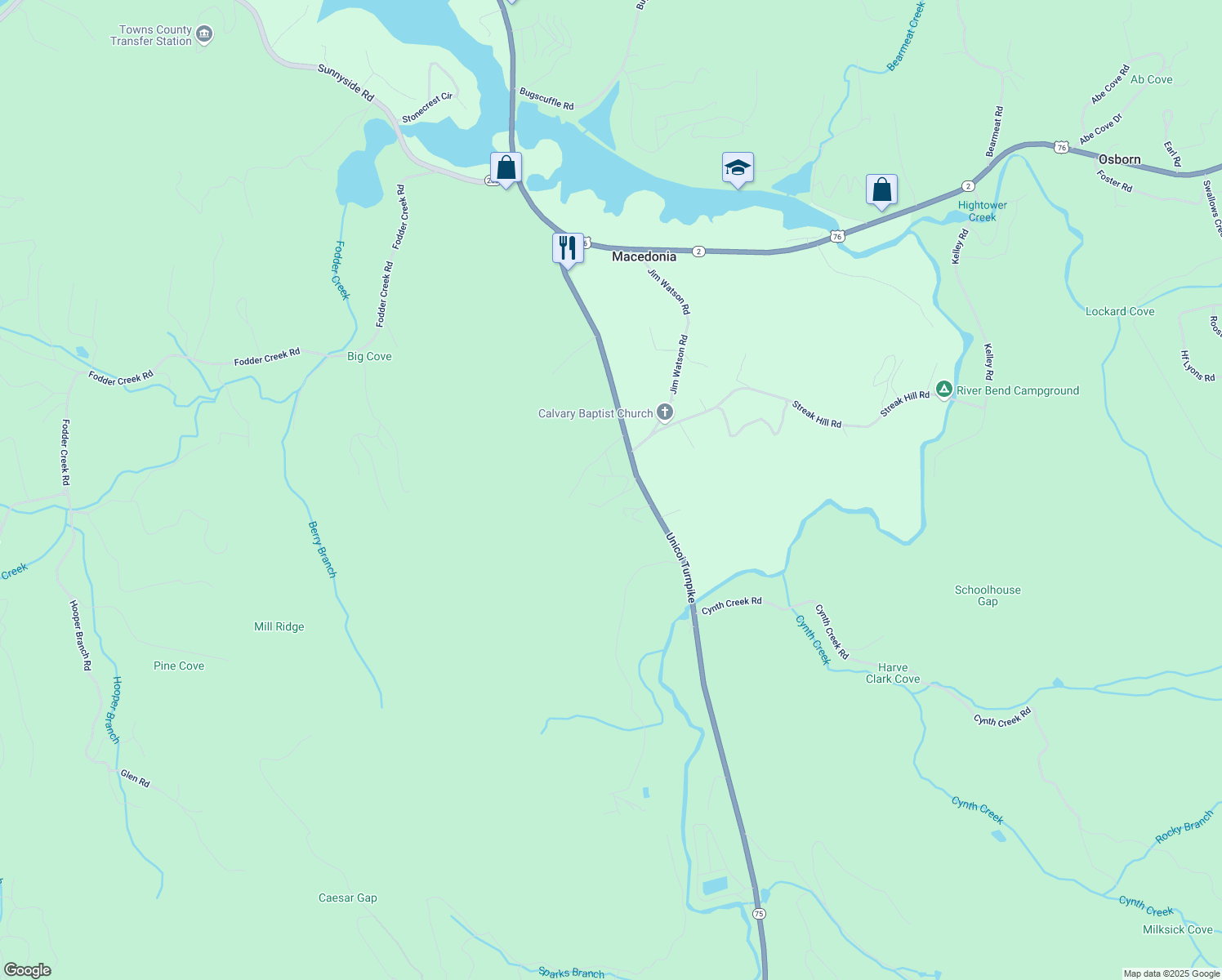 map of restaurants, bars, coffee shops, grocery stores, and more near 2724 Clairys Lane in Hiawassee