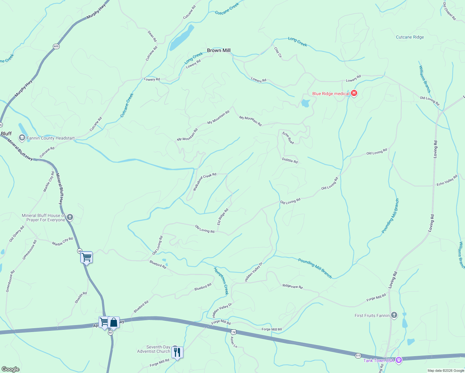 map of restaurants, bars, coffee shops, grocery stores, and more near 34 Smokey Ridge Lane in Mineral Bluff