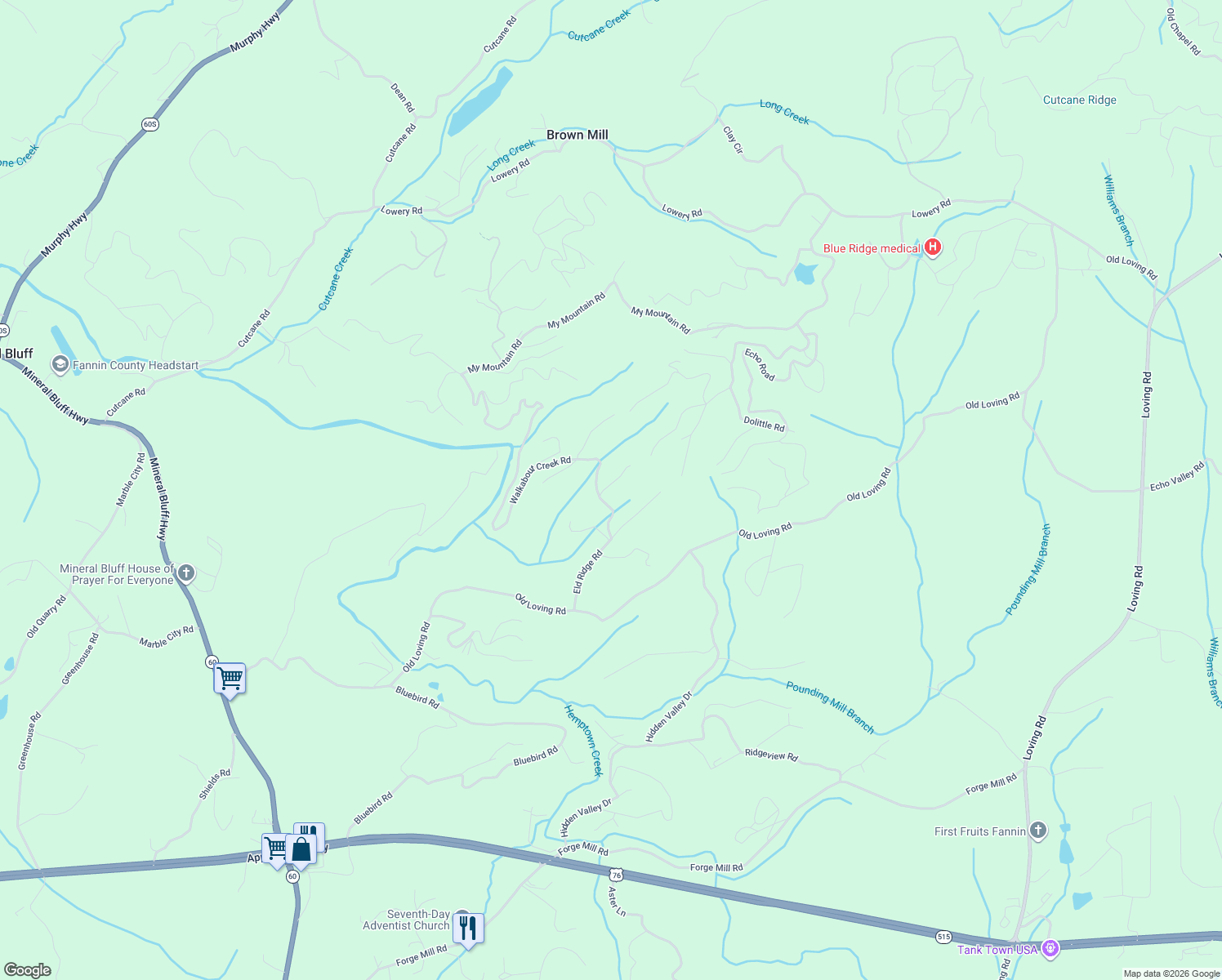 map of restaurants, bars, coffee shops, grocery stores, and more near 34 Smokey Ridge Lane in Mineral Bluff