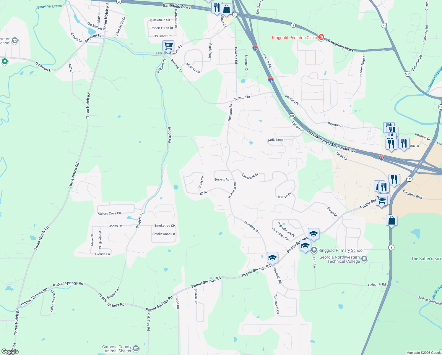 map of restaurants, bars, coffee shops, grocery stores, and more near 43 Everett Road in Ringgold