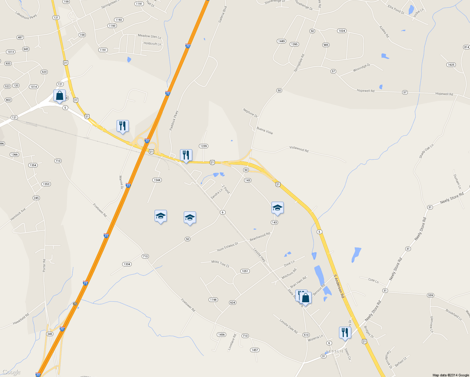 map of restaurants, bars, coffee shops, grocery stores, and more near 148 East Springdale Road in Rock Hill