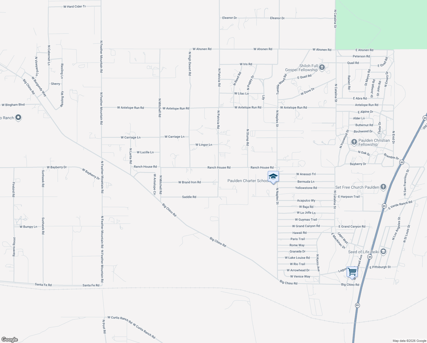 map of restaurants, bars, coffee shops, grocery stores, and more near 24950 N Patricia Rd in Paulden