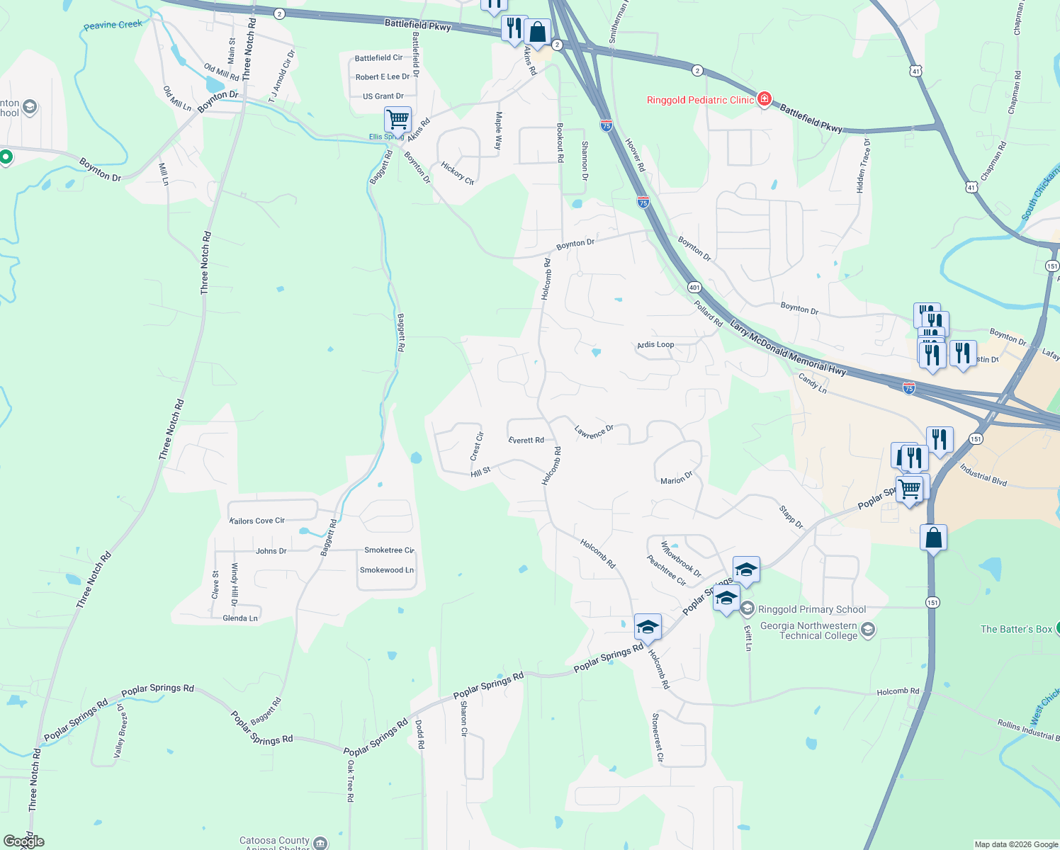 map of restaurants, bars, coffee shops, grocery stores, and more near 43 Everett Road in Ringgold