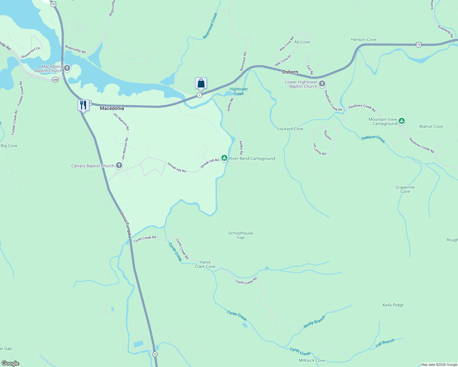 map of restaurants, bars, coffee shops, grocery stores, and more near 2718 Kelley Lane in Hiawassee