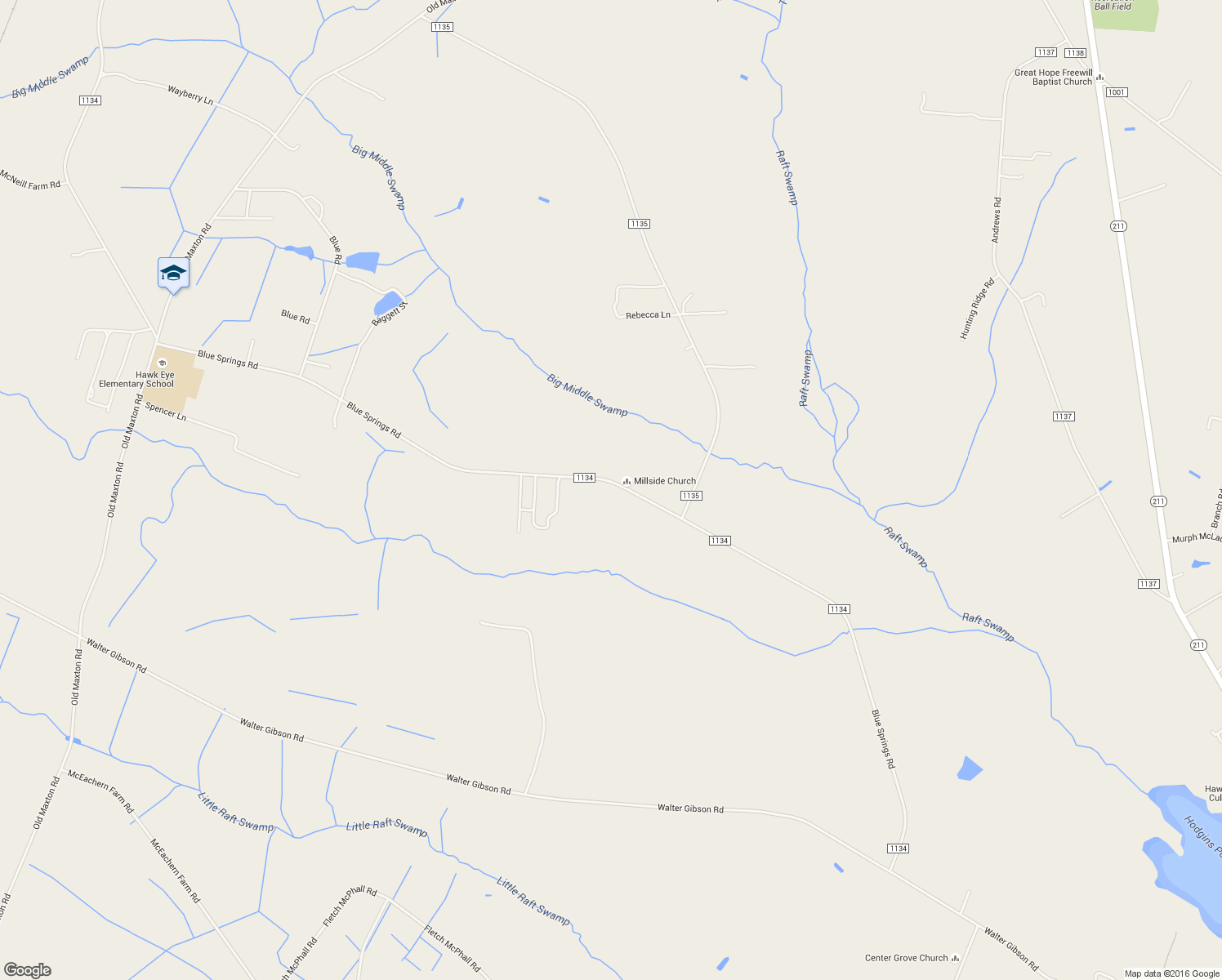 map of restaurants, bars, coffee shops, grocery stores, and more near 4212 Blue Springs Road in Red Springs