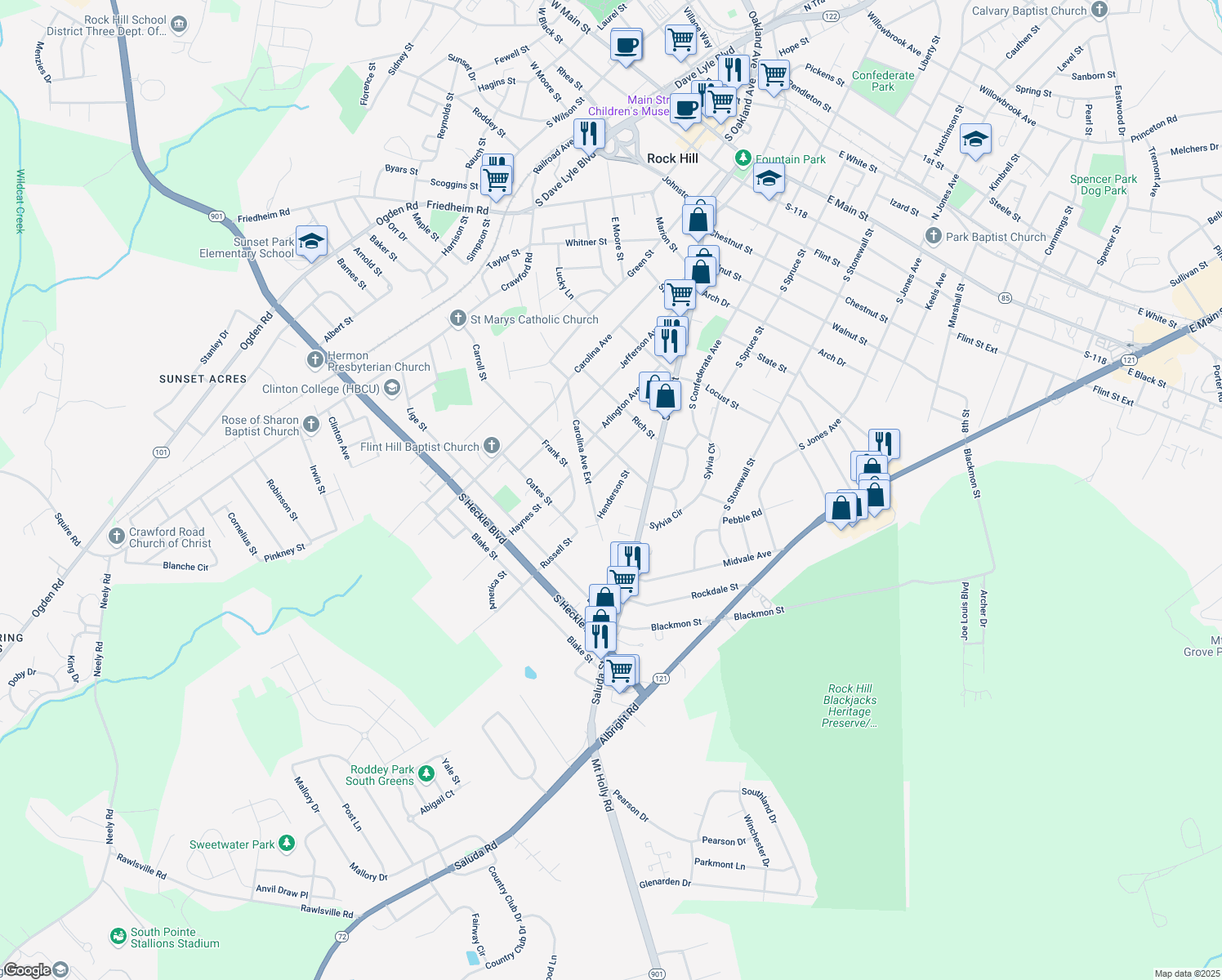 map of restaurants, bars, coffee shops, grocery stores, and more near 1034 Henderson Street in Rock Hill