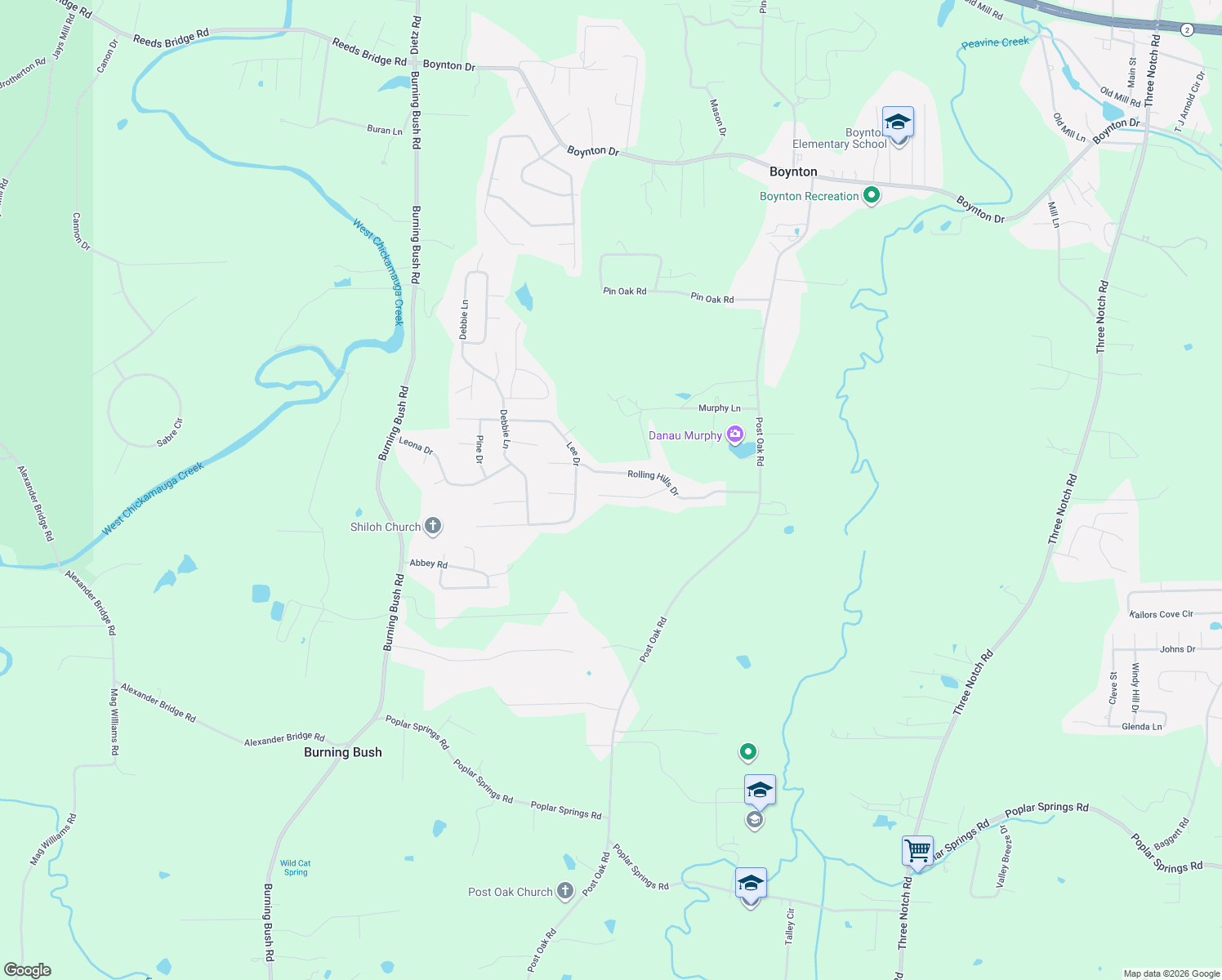 map of restaurants, bars, coffee shops, grocery stores, and more near 121 Maria Court in Ringgold