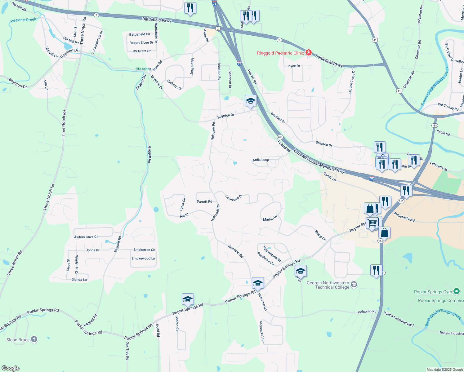 map of restaurants, bars, coffee shops, grocery stores, and more near 31 Spring Lane in Ringgold