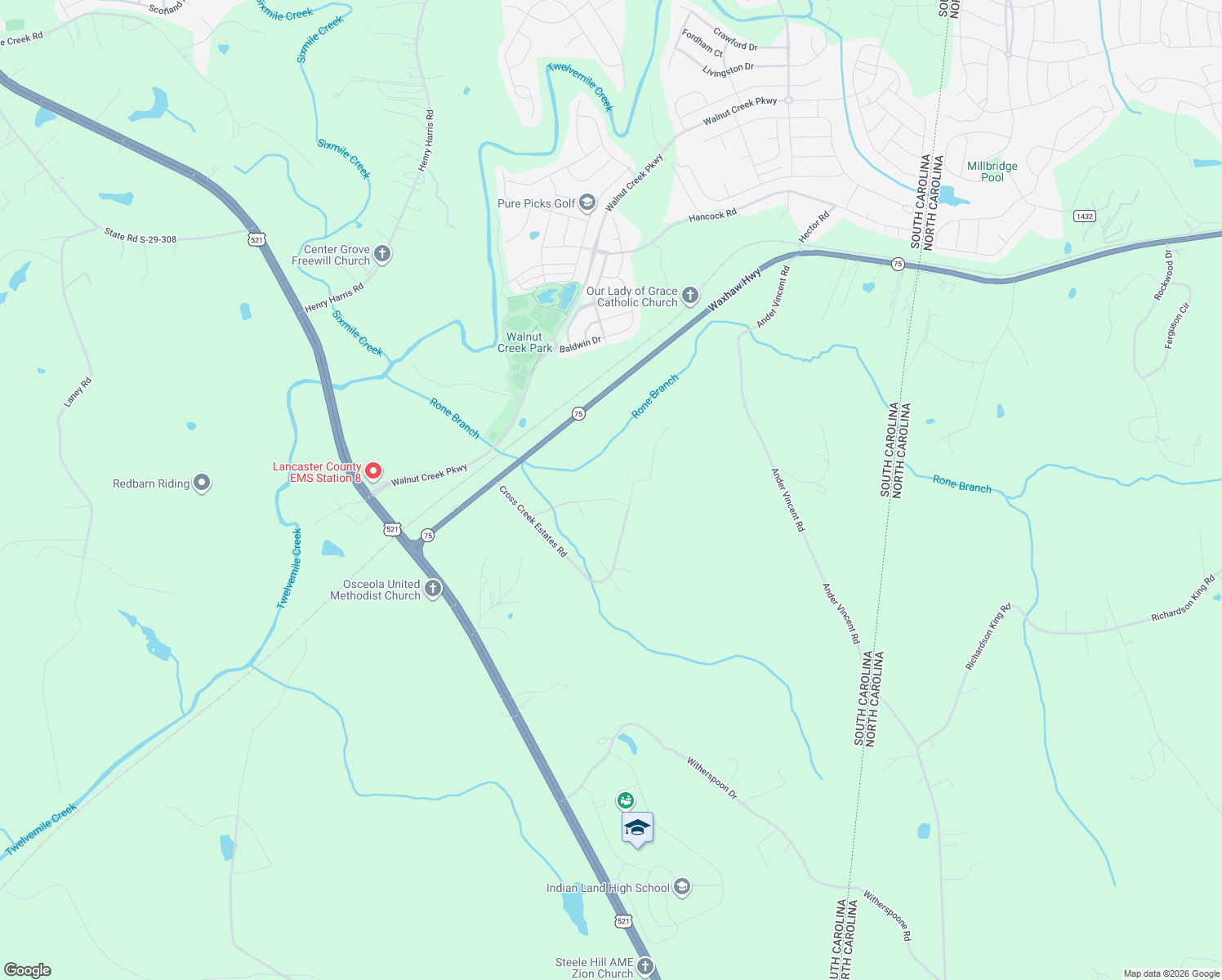 map of restaurants, bars, coffee shops, grocery stores, and more near 6830 Cross Creek Estates Road in Lancaster