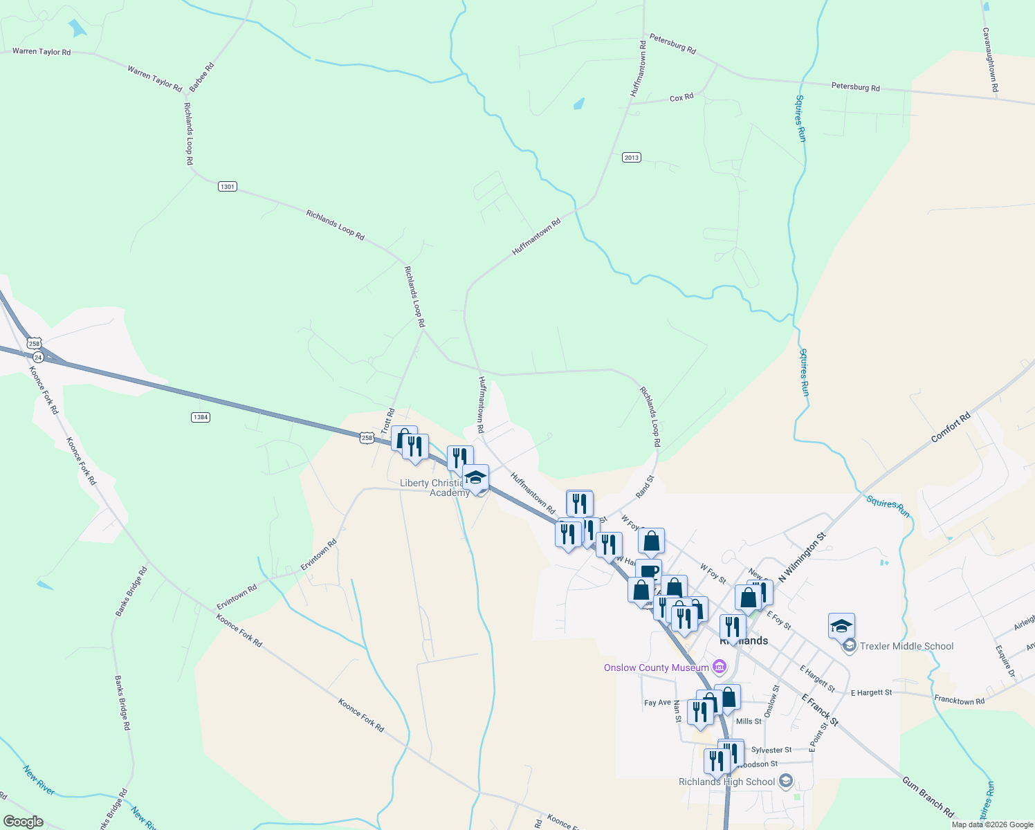 map of restaurants, bars, coffee shops, grocery stores, and more near 111 Cole Dr in Richlands