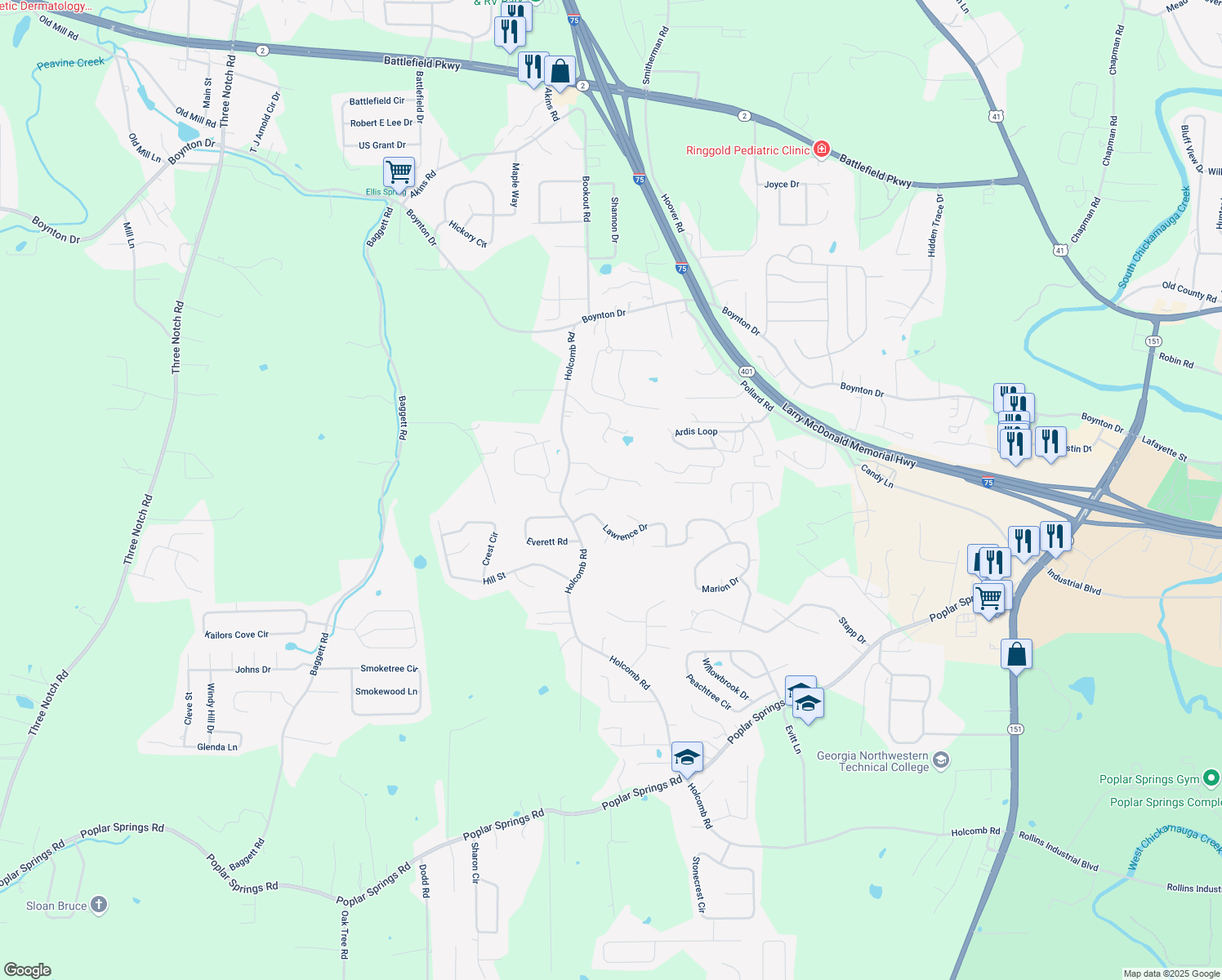 map of restaurants, bars, coffee shops, grocery stores, and more near 31 Spring Lane in Ringgold