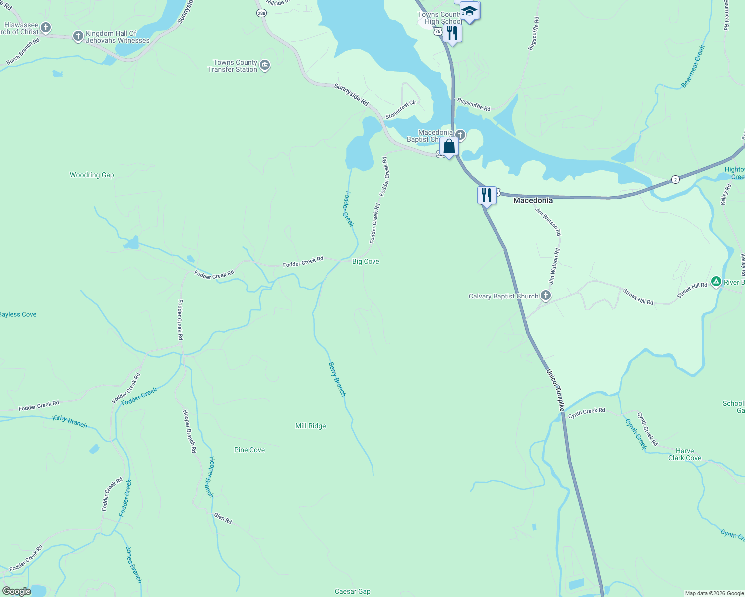 map of restaurants, bars, coffee shops, grocery stores, and more near Fodder Creek Road in Hiawassee