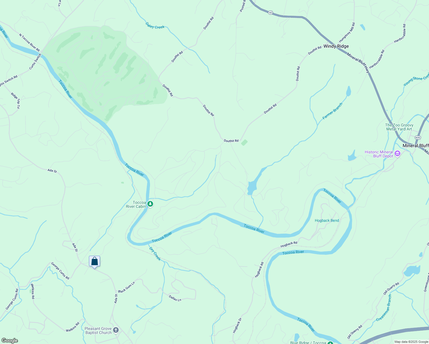 map of restaurants, bars, coffee shops, grocery stores, and more near 16 Toccoa Ridge Road in Mineral Bluff