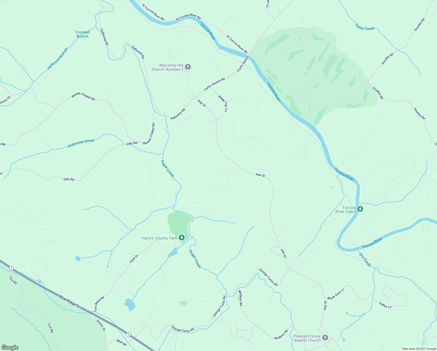 map of restaurants, bars, coffee shops, grocery stores, and more near 11 Windy Valley Trail in Fannin County