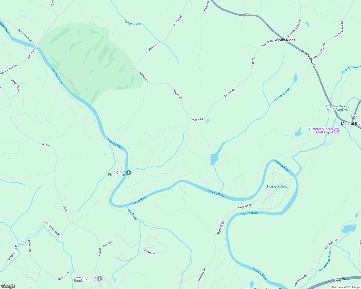 map of restaurants, bars, coffee shops, grocery stores, and more near 16 Toccoa Ridge Road in Mineral Bluff