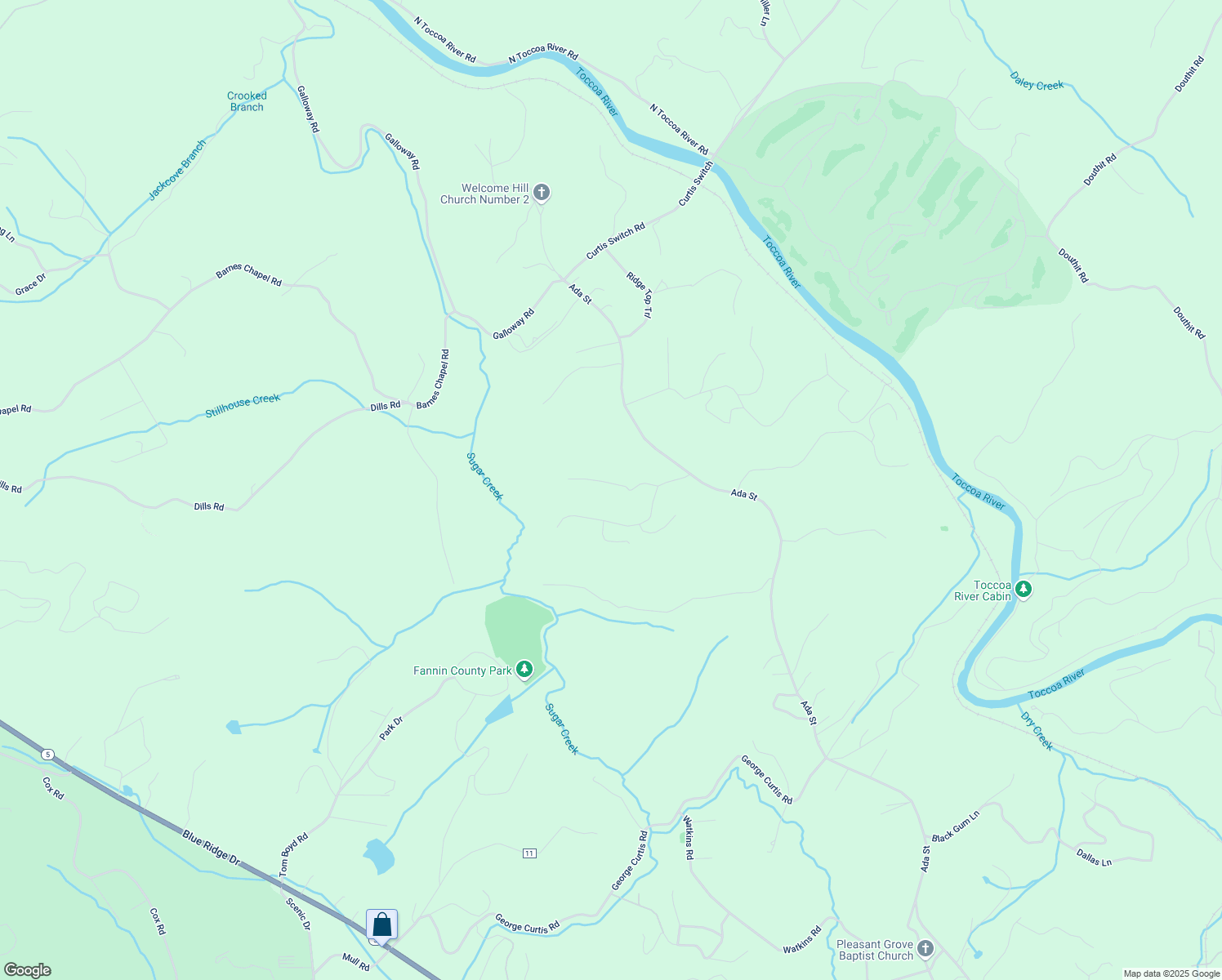 map of restaurants, bars, coffee shops, grocery stores, and more near 161 Windy Valley Trail in Fannin County