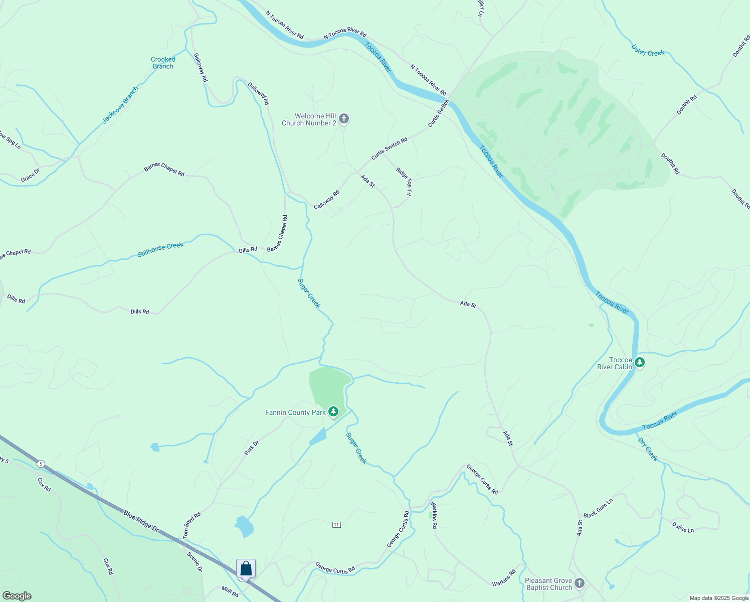 map of restaurants, bars, coffee shops, grocery stores, and more near 193 Windy Valley Trail in Fannin County