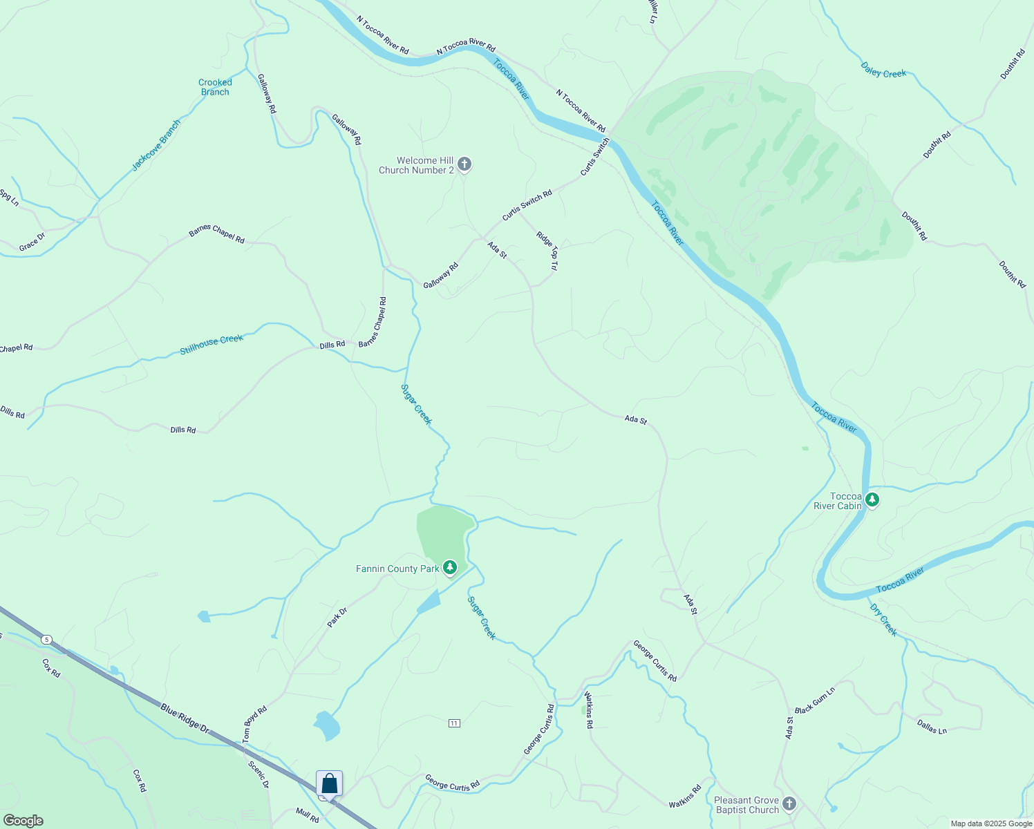 map of restaurants, bars, coffee shops, grocery stores, and more near 193 Windy Valley Trail in Fannin County