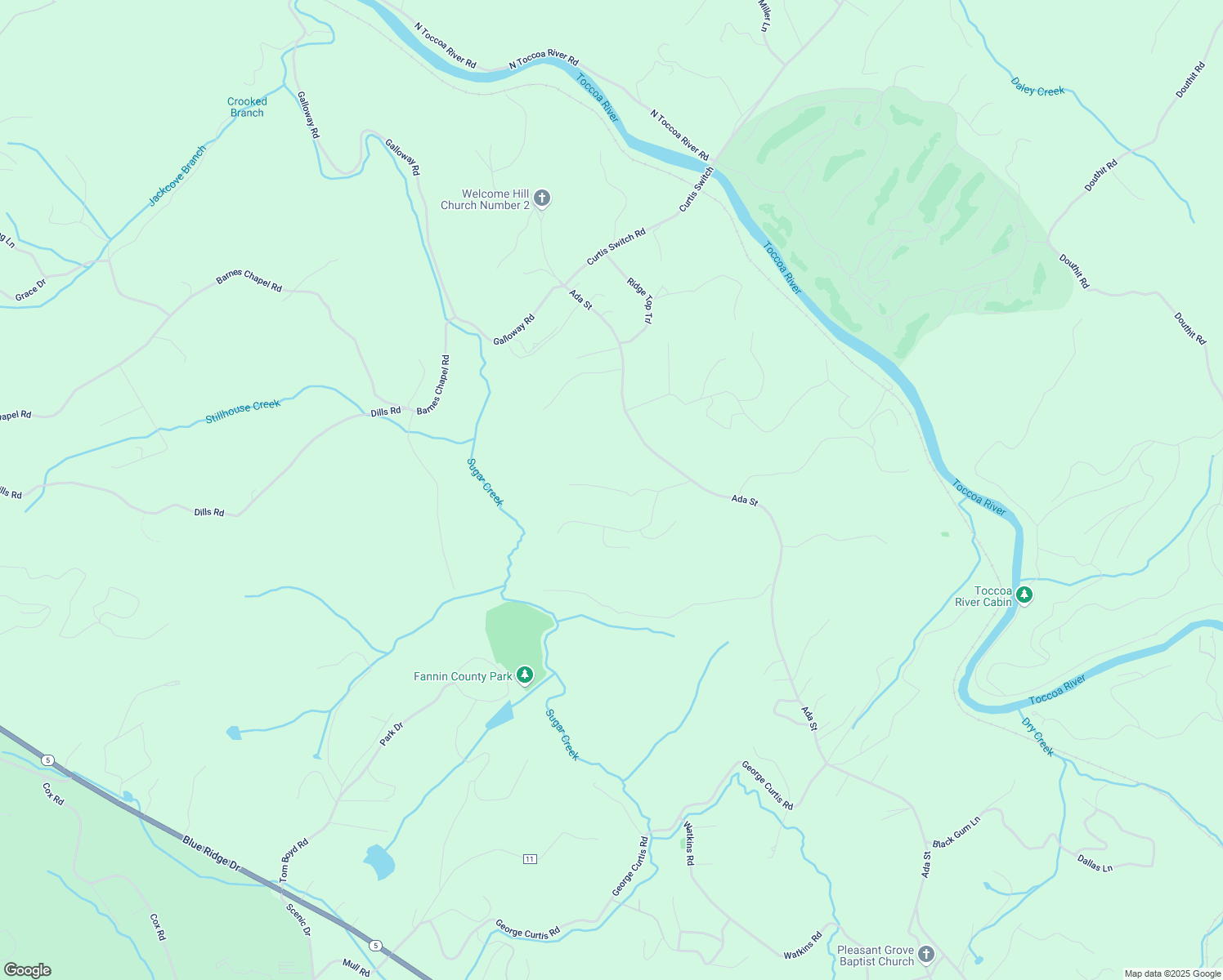 map of restaurants, bars, coffee shops, grocery stores, and more near 11 Windy Valley Trail in Fannin County