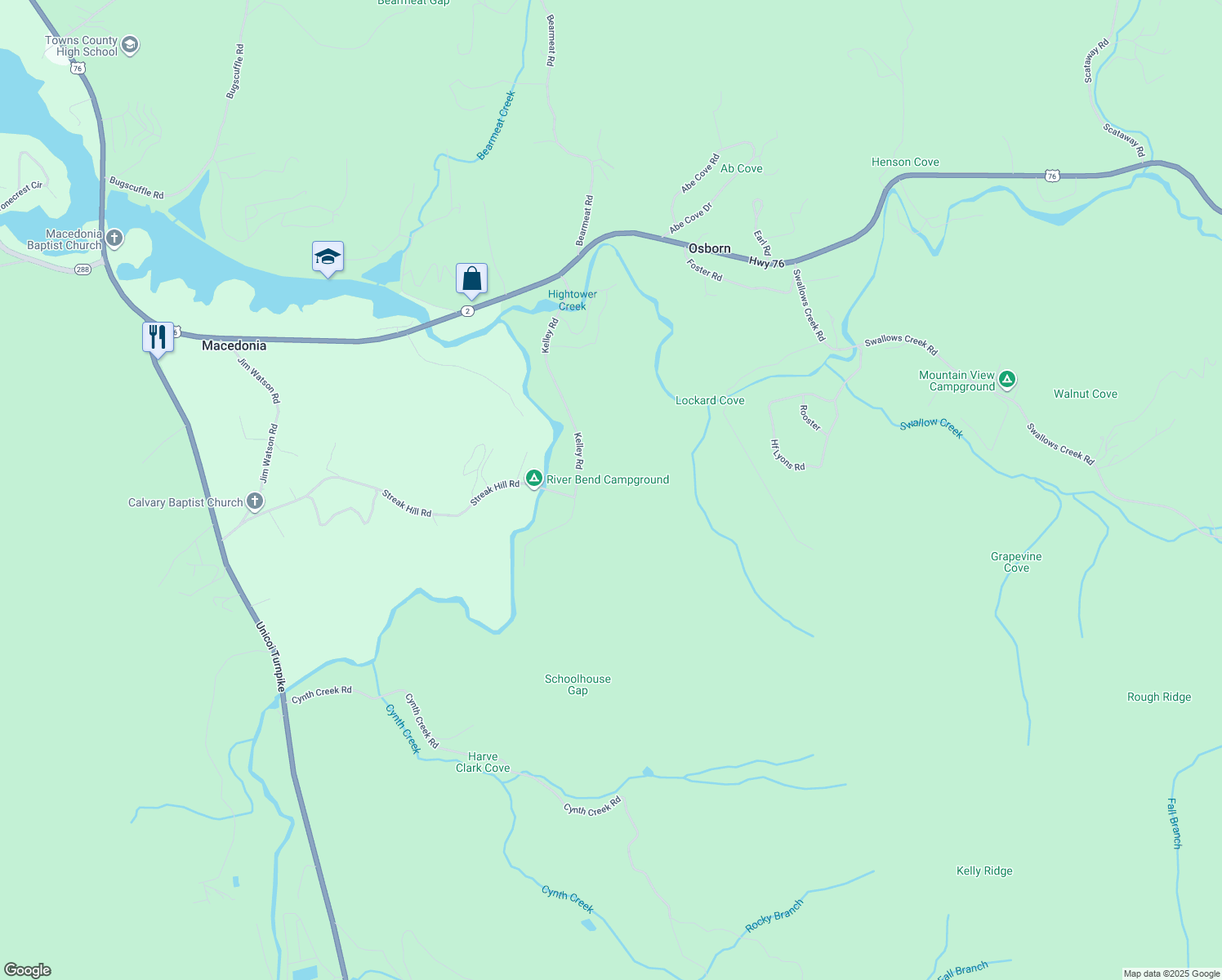 map of restaurants, bars, coffee shops, grocery stores, and more near 2400 Kelley Road in Hiawassee