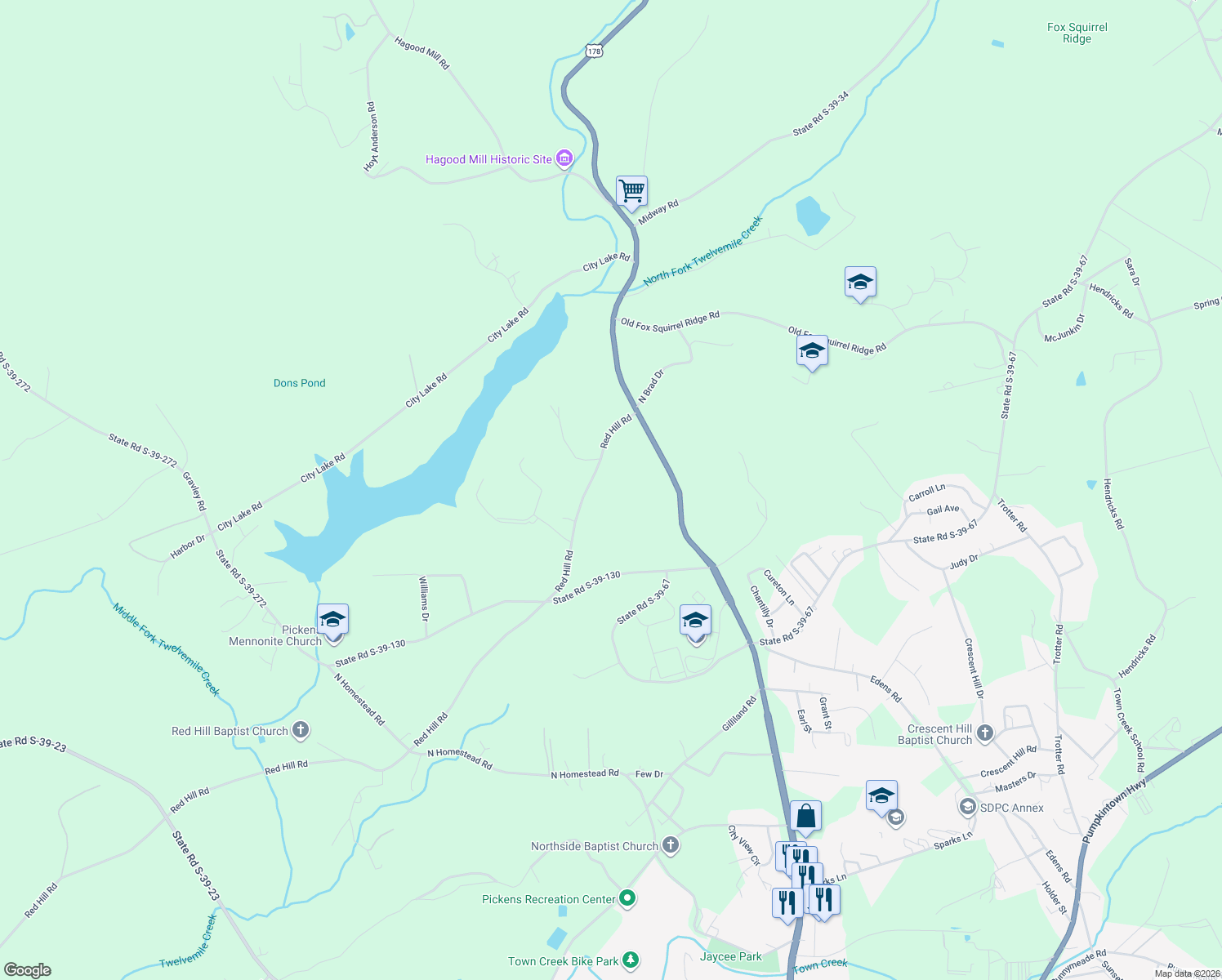 map of restaurants, bars, coffee shops, grocery stores, and more near 153 Red Hill Road in Pickens