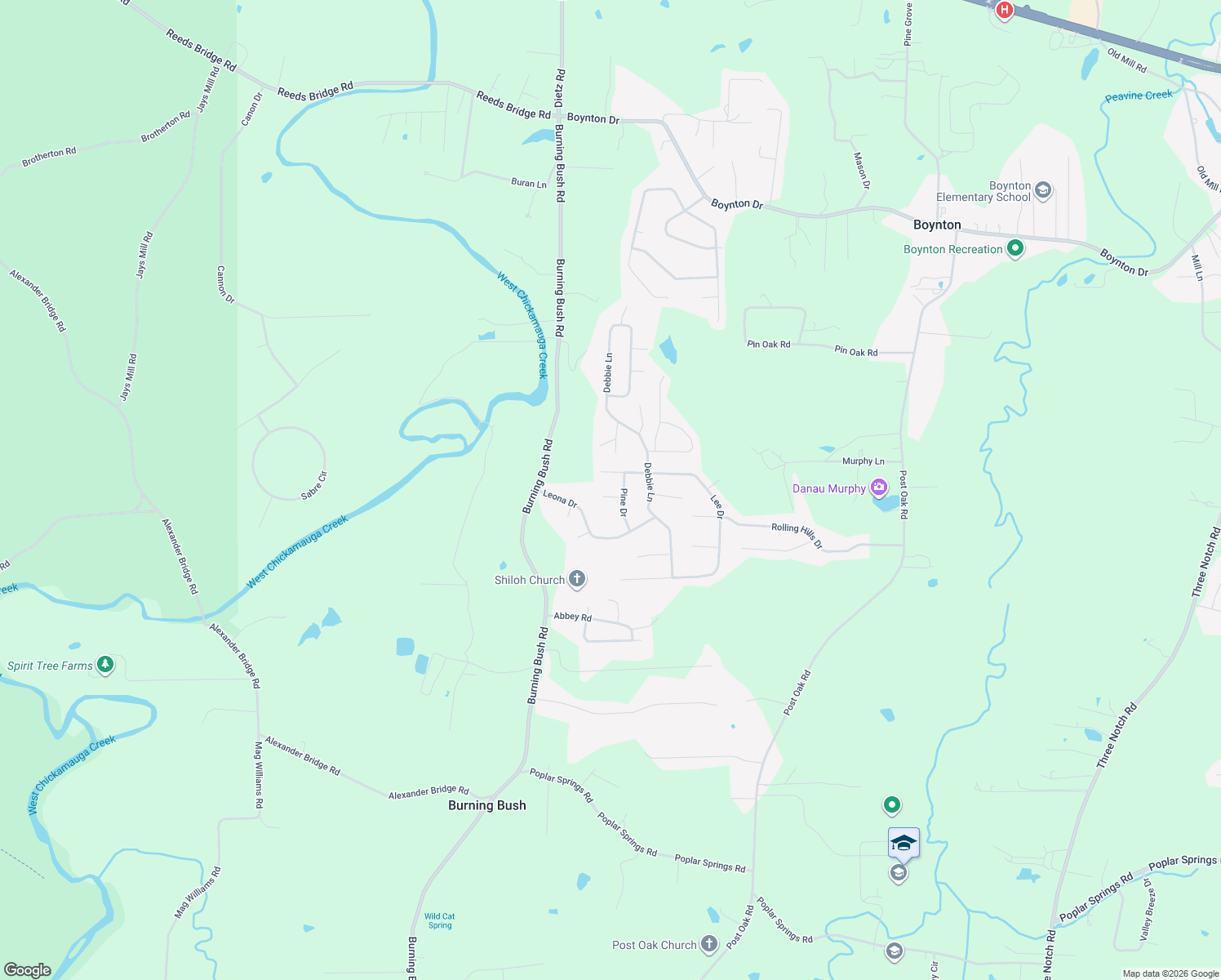 map of restaurants, bars, coffee shops, grocery stores, and more near 155 Pine Drive in Ringgold