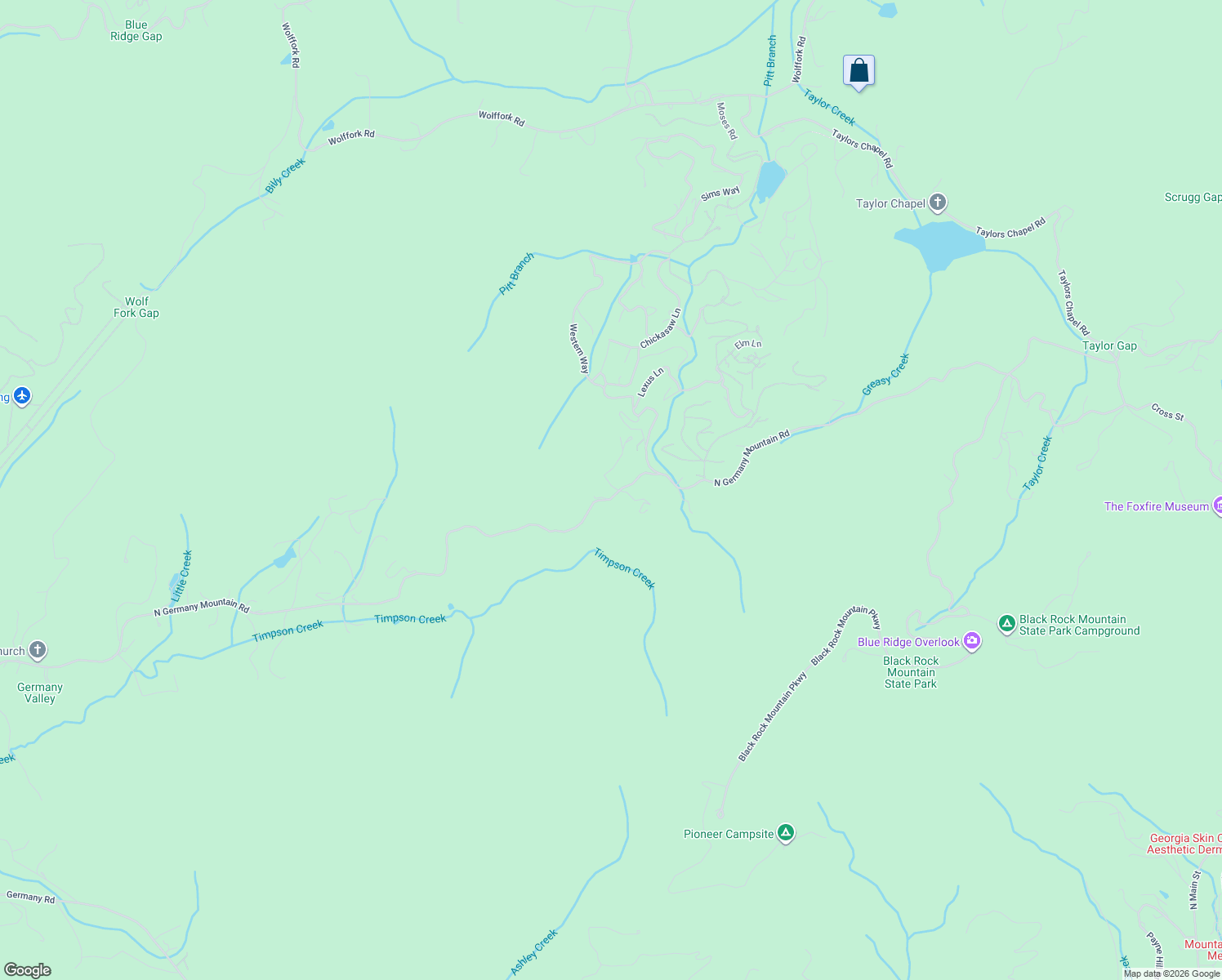 map of restaurants, bars, coffee shops, grocery stores, and more near 174 Mountainside Drive in Rabun Gap