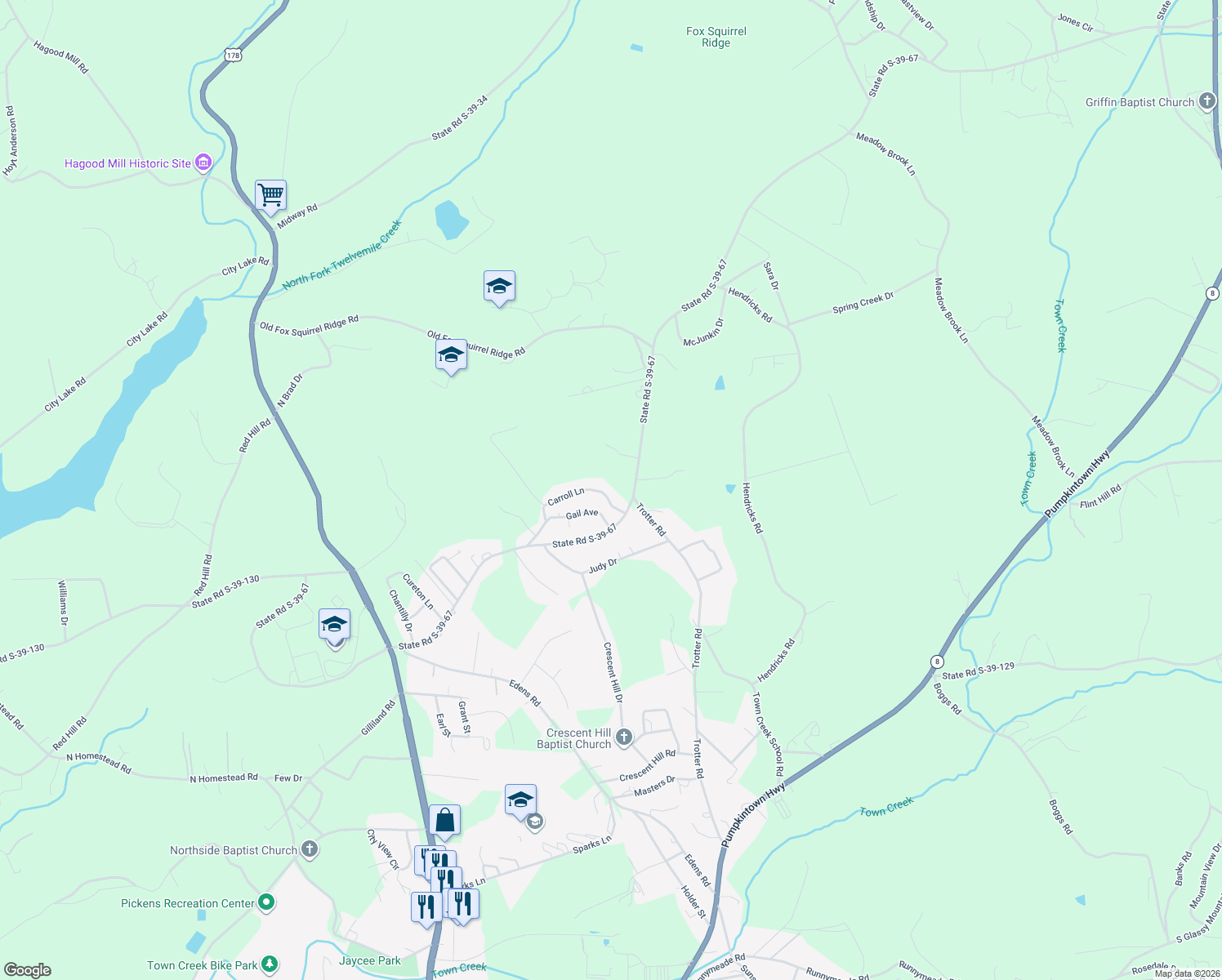 map of restaurants, bars, coffee shops, grocery stores, and more near 447 Carrol Lane in Pickens