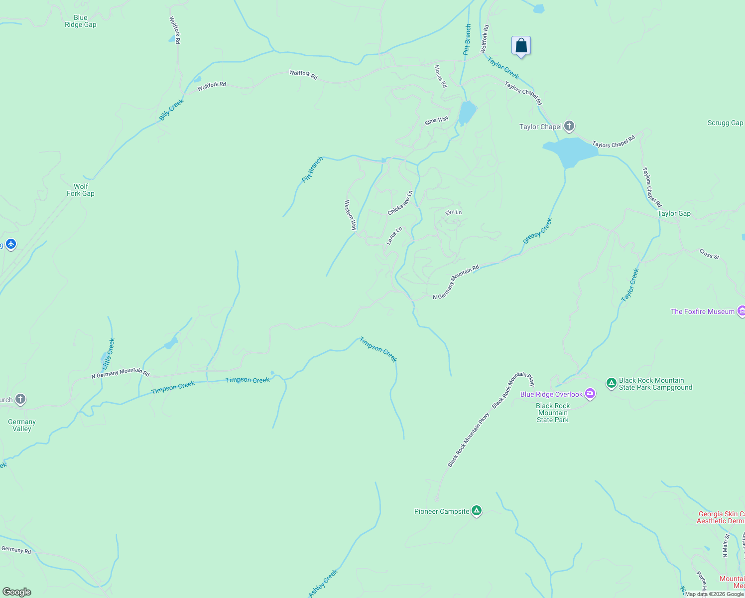 map of restaurants, bars, coffee shops, grocery stores, and more near 174 Mountainside Drive in Rabun Gap