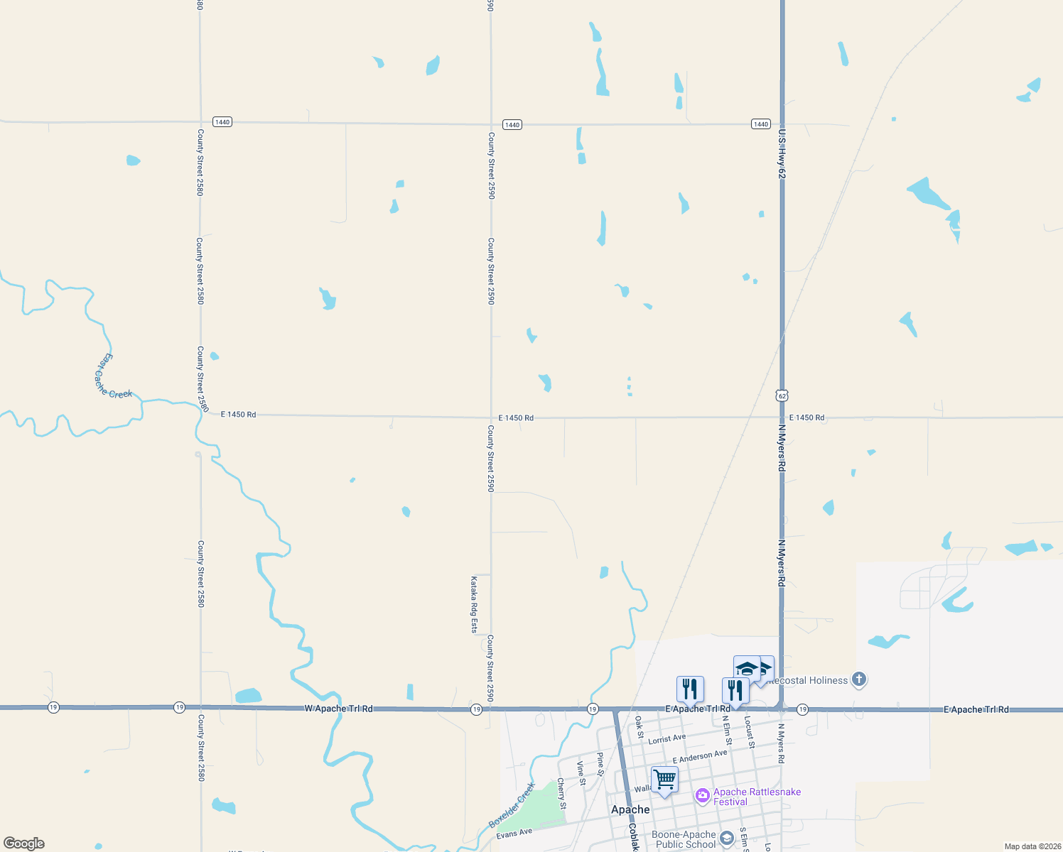 map of restaurants, bars, coffee shops, grocery stores, and more near 15029 County Road 1450 in Apache