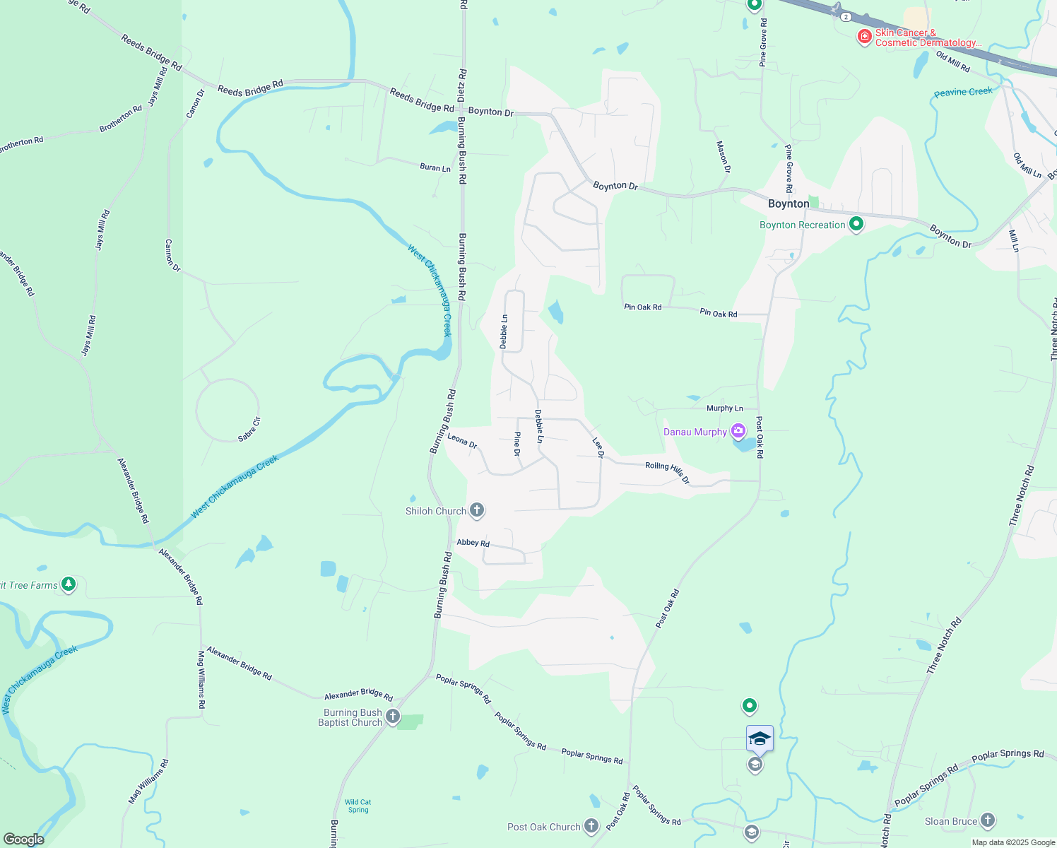 map of restaurants, bars, coffee shops, grocery stores, and more near 155 Pine Drive in Ringgold