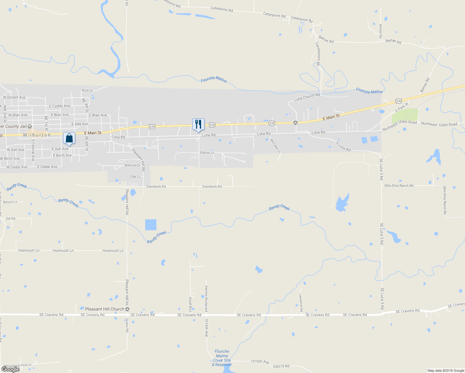 map of restaurants, bars, coffee shops, grocery stores, and more near Pleasant Hill Road in Wilburton