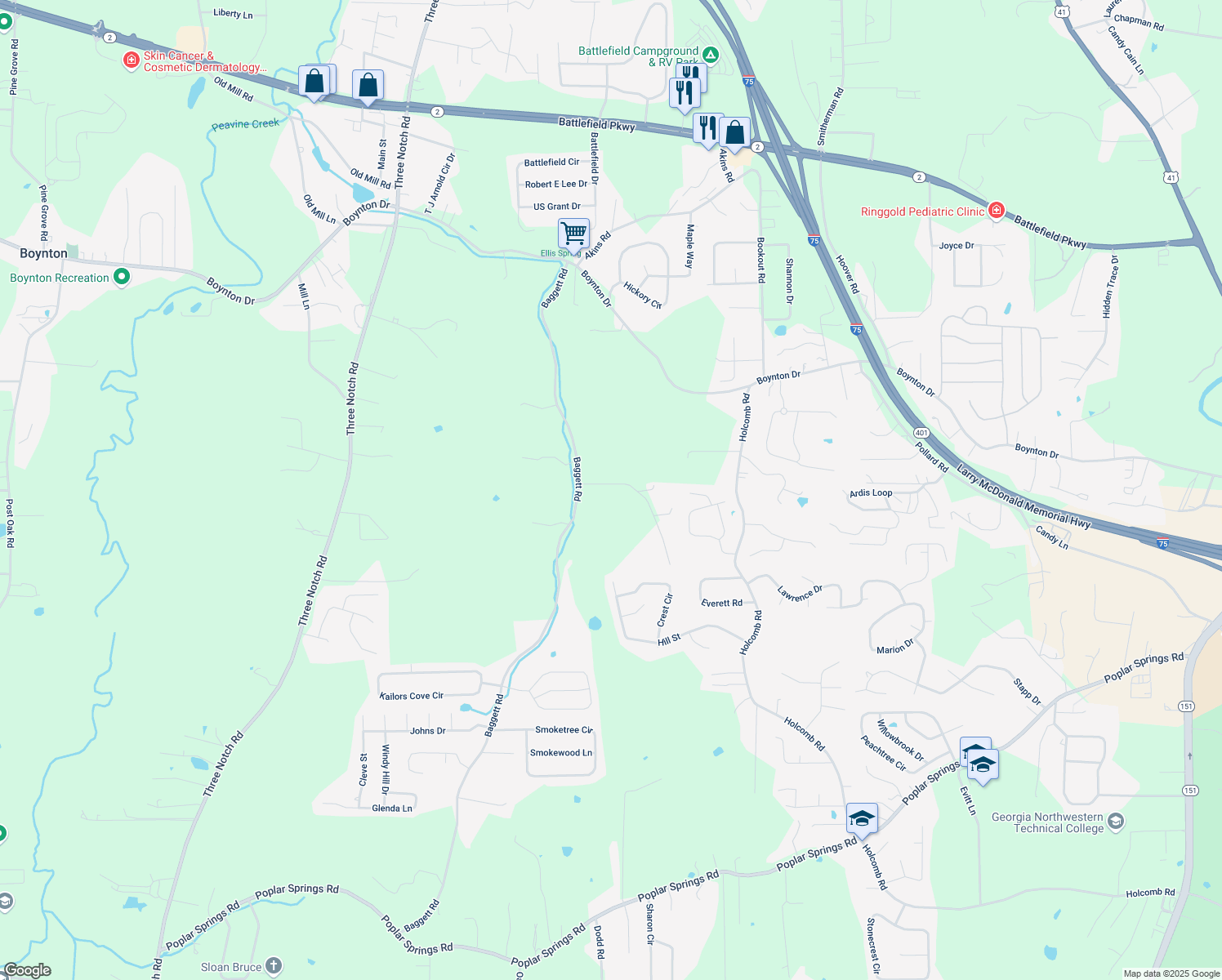 map of restaurants, bars, coffee shops, grocery stores, and more near 98 Chambers Lane in Ringgold