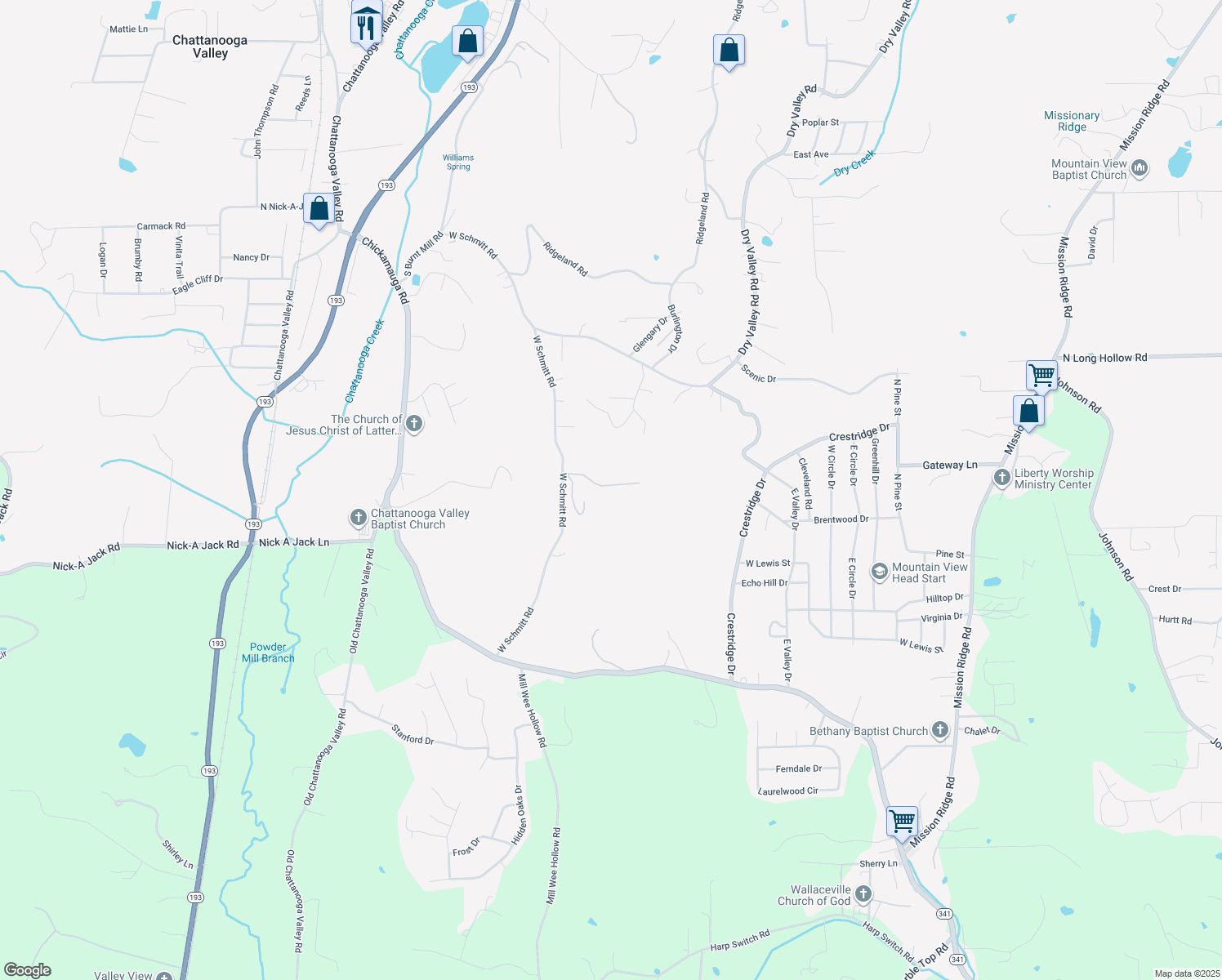 map of restaurants, bars, coffee shops, grocery stores, and more near 73 Berry Road in Rossville