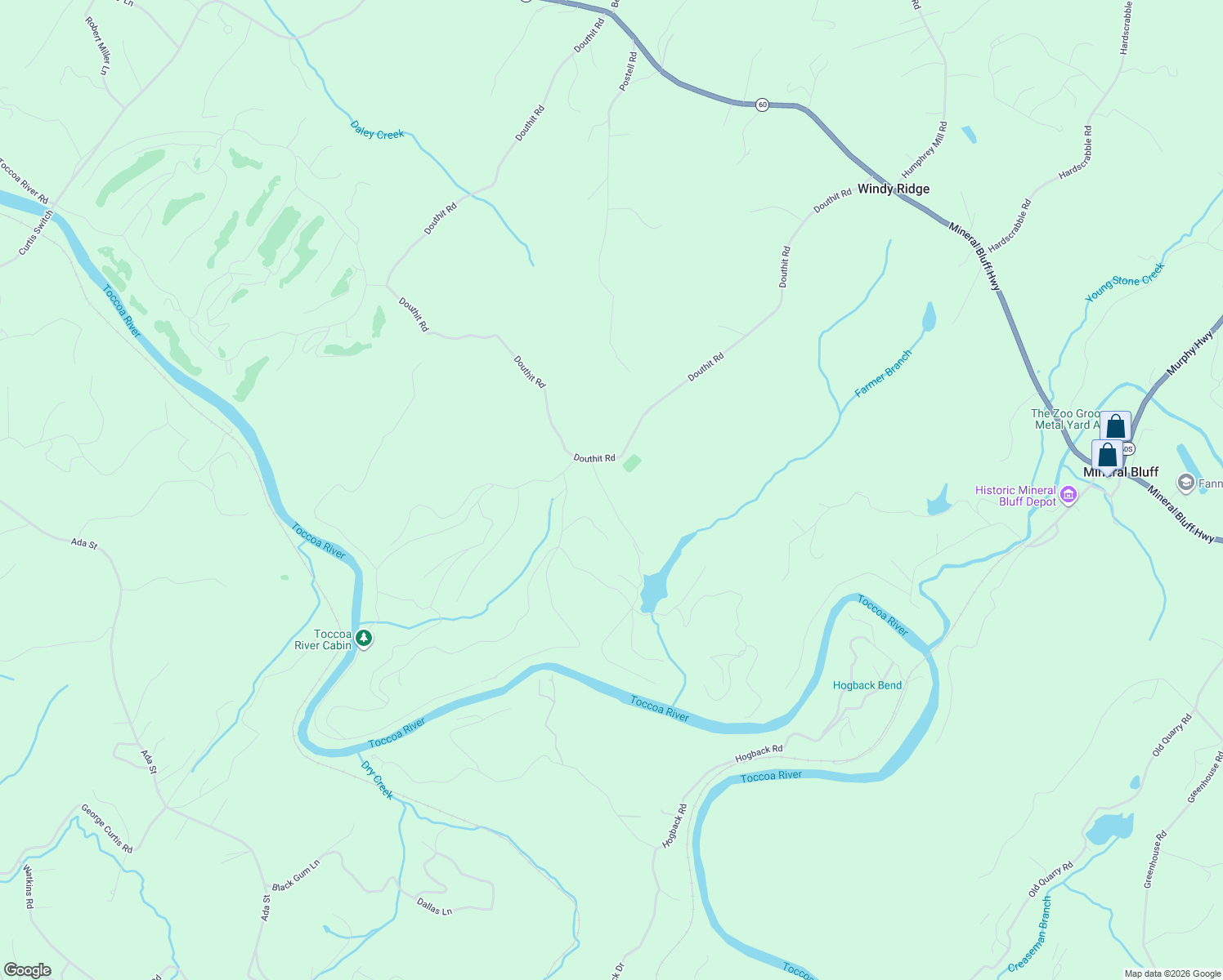 map of restaurants, bars, coffee shops, grocery stores, and more near 93 Kaely Drive in Mineral Bluff